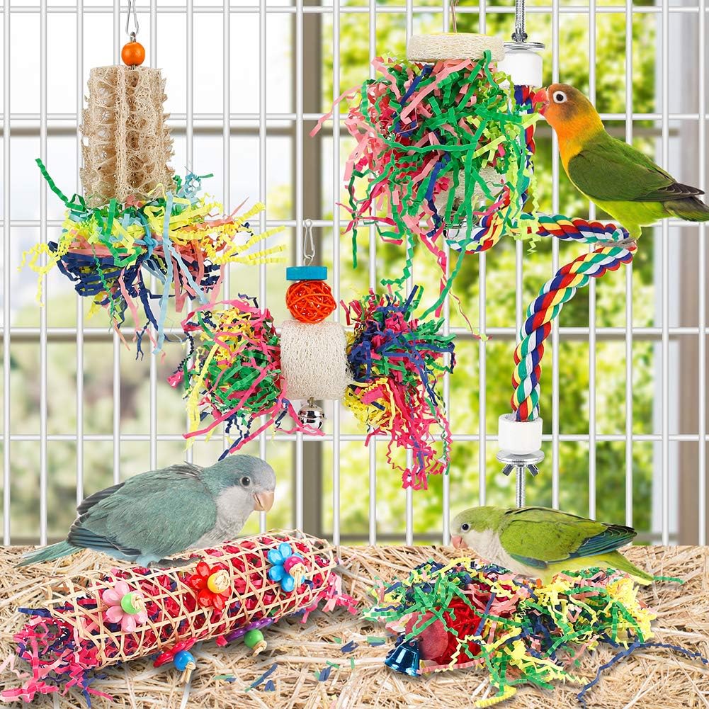 Bird Toys Bird Shredding Foraging Toys Parakeet Toy Chewing Hanging Toy Bird Shredded Paper Bird Cage Accessories Bird Rope Perch for Conure Cockatiel Budgies Lovebird Parrotlet (Without Rope Perch)