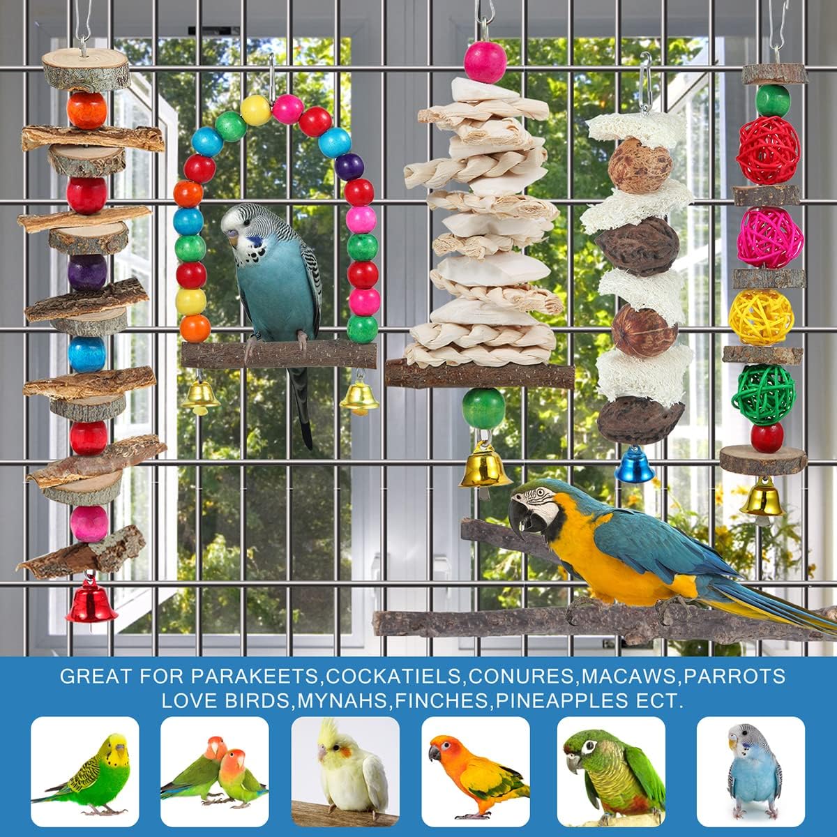 Perca para pájaros, juguetes para periquitos, paquete de 6 accesorios para jaulas de pájaros, juguetes para masticar de madera, soporte para perca para loros, cacatúas, agapornis, periquitos, pinzones y otros pájaros de tamaño pequeño a mediano 