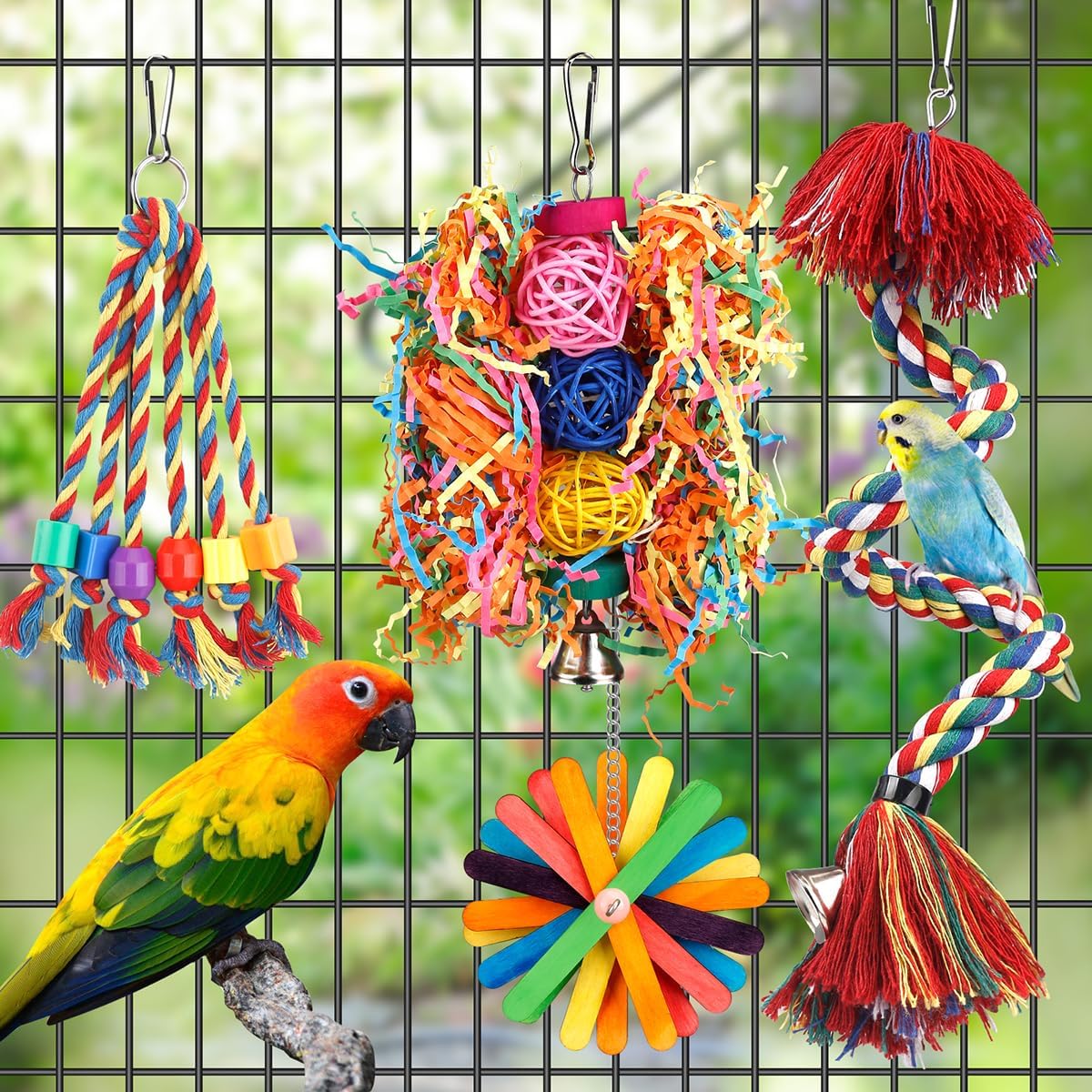 Vogelspielzeug, Vogelseil, Sitzstange mit Glocke, buntes Vogelkauen, Zerkleinern, Futtersuchspielzeug, Sittichspielzeug, Papageienschaukel, Klettern, stehendes Hängespielzeug, Vogelkäfigzubehör für Sittiche, Nymphensittiche, Wellensittiche, Wellensittiche 