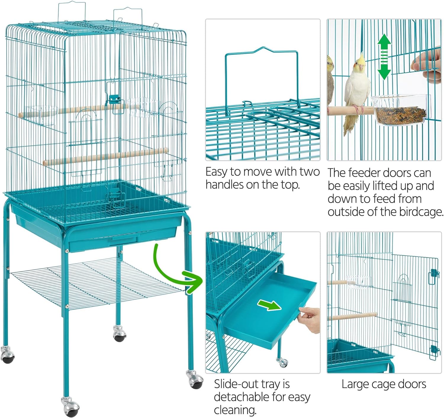 Yaheetech Jaula para pájaros con parte superior abierta y ruedas para cacatúas, periquitos, mejillas verdes, jaula para loros de tamaño mediano con soporte desmontable 