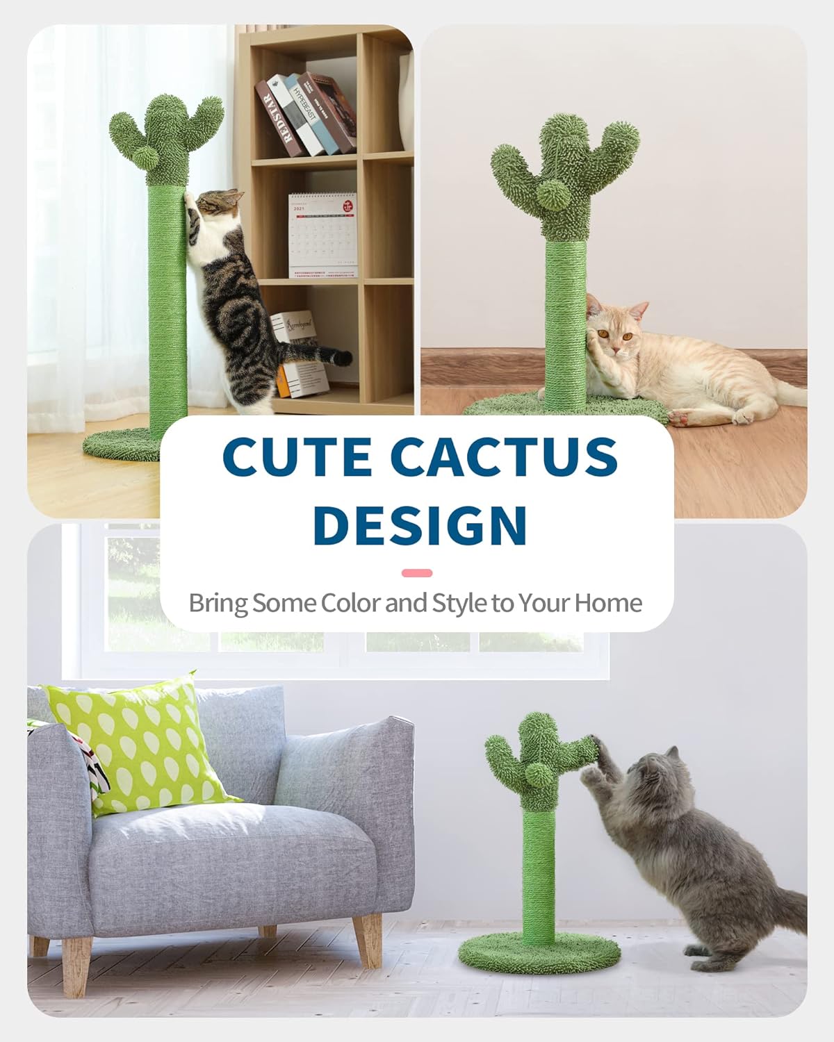 Made4Pets Poste rascador para gatos, rascador de cactus para gatos con cuerda de sisal para rascador de garras de gatos de interior, árbol vertical para gatos verde con bola colgante para gatitos, mediano-25.6 pulgadas 