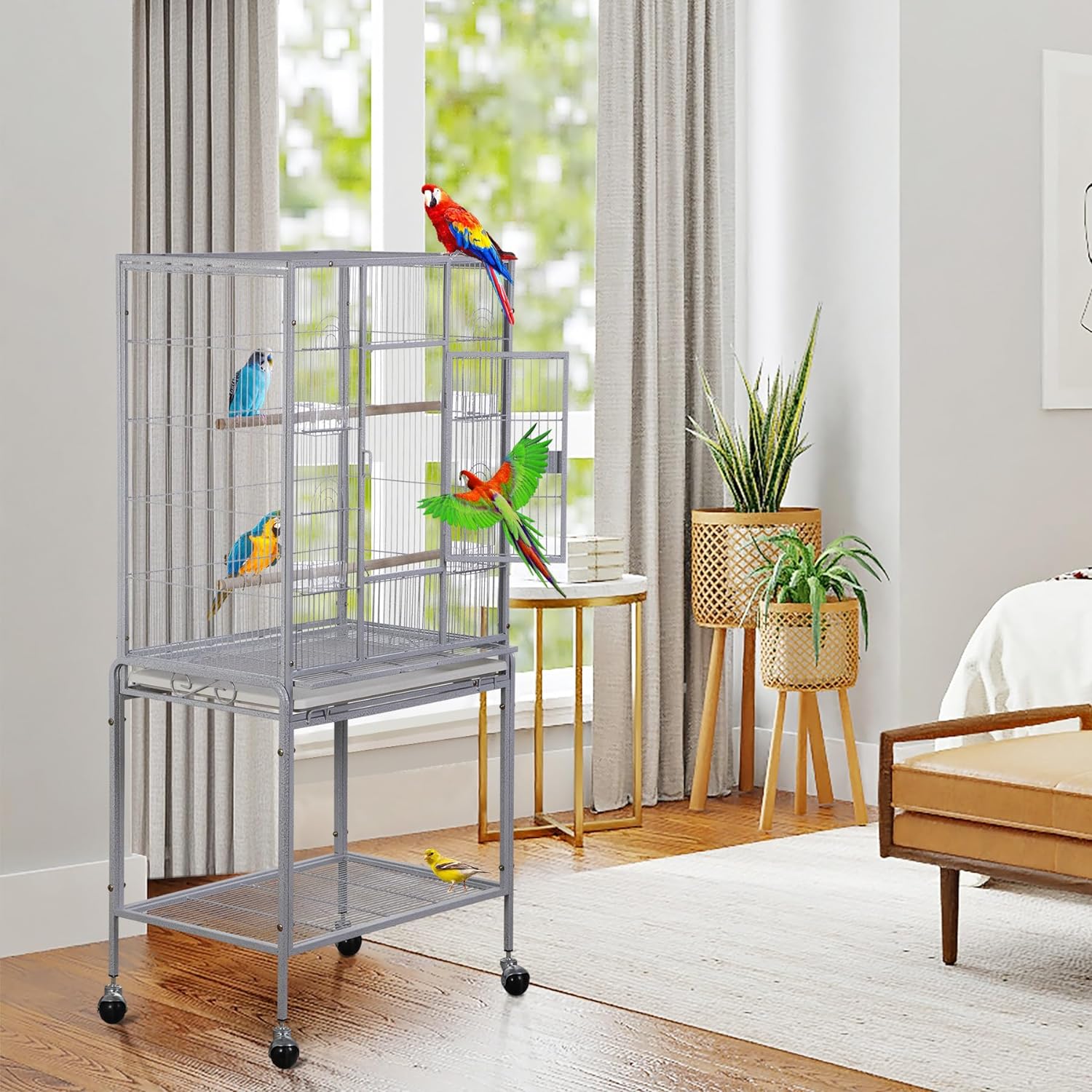 ZENY 53-Inch Bird Flight Cage, Wrought Iron Standing Large with Rolling Stand for Cockatiels Pet Parrot Parakeet Lovebird Canary Finch (White)