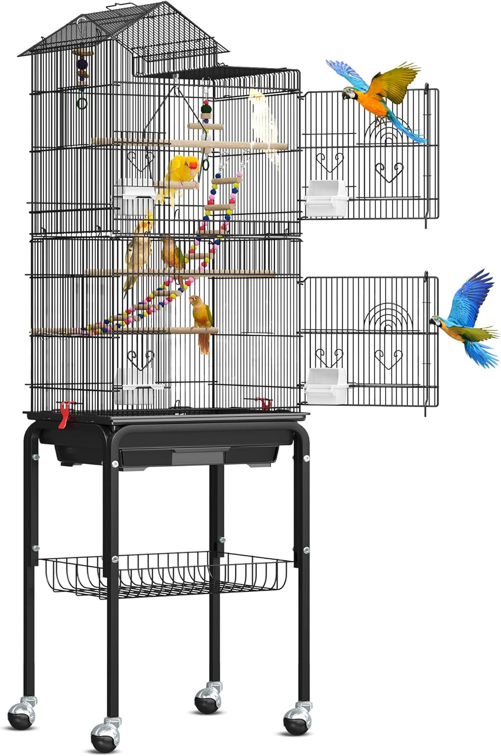 YITAHOME Jaula de metal para pájaros de 62 pulgadas, jaulas grandes para periquitos para loros, cacatúas, agapornis, palomas con techo, soporte rodante y juguetes colgantes 