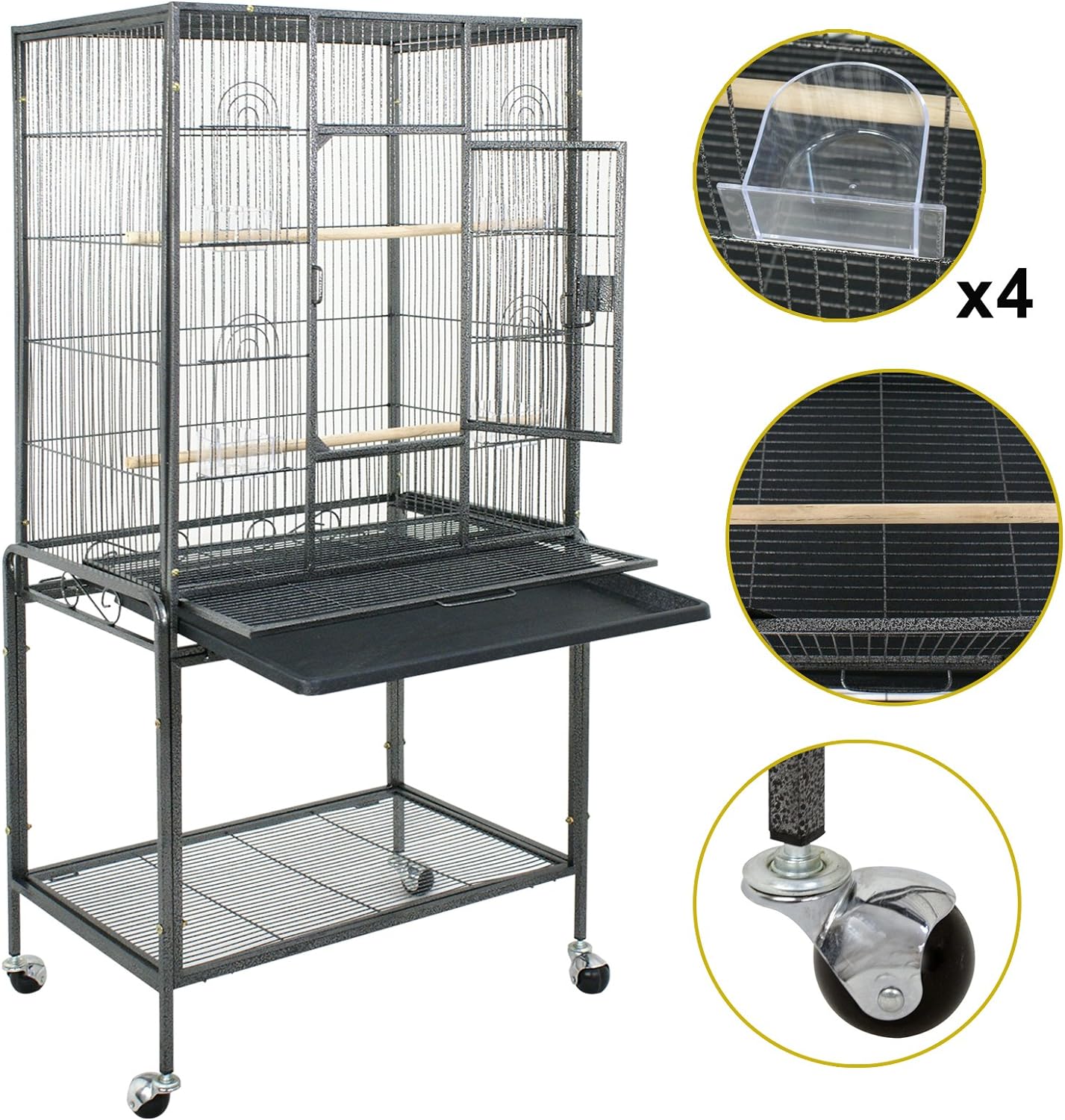 ZENY 53-Inch Bird Flight Cage, Wrought Iron Standing Large with Rolling Stand for Cockatiels Pet Parrot Parakeet Lovebird Canary Finch (White)