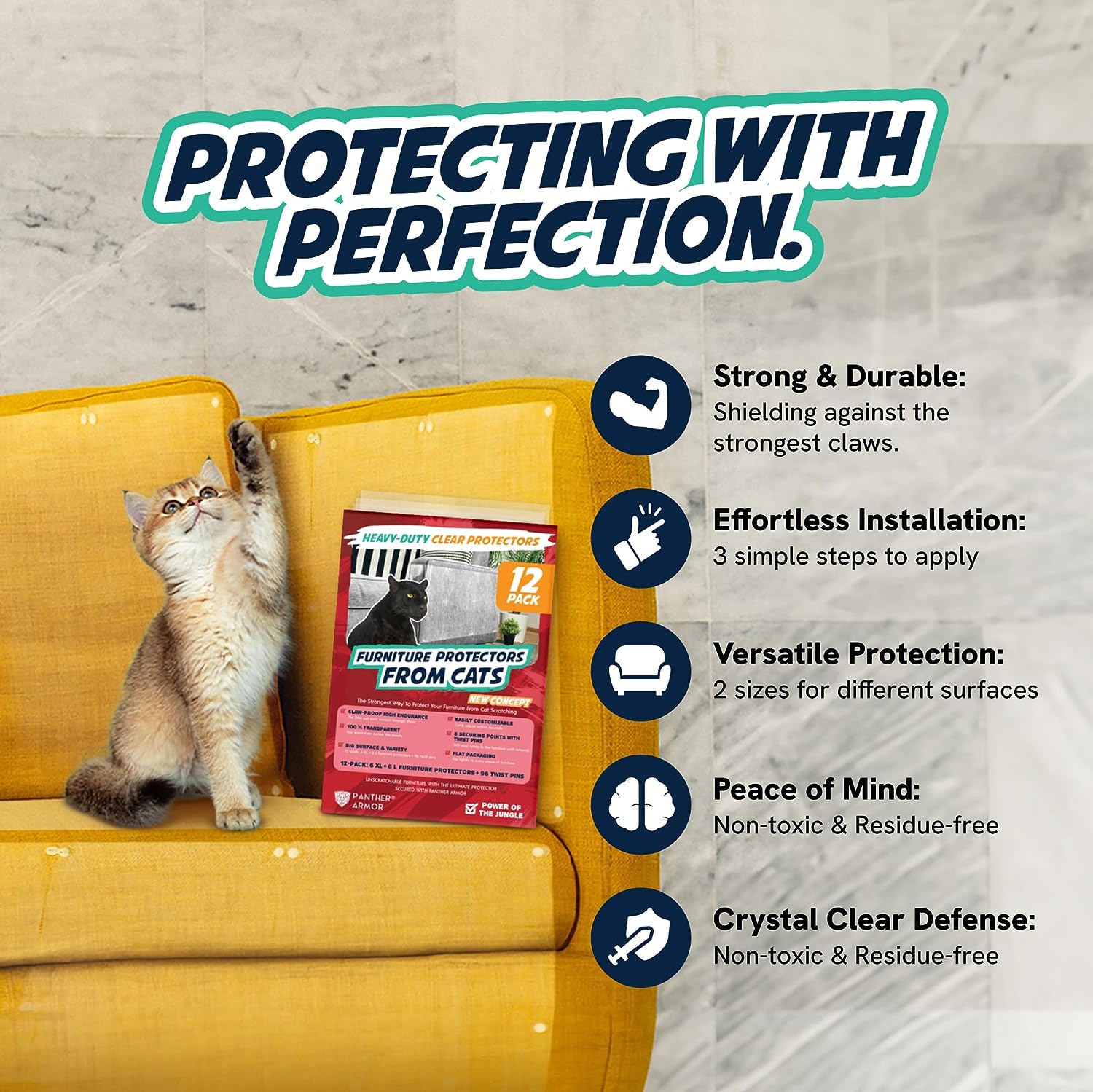 Panther Armor Paquete de 12 protectores de muebles contra rasguños de gatos - Protectores de sofá antigatos - Cinta disuasoria de entrenamiento para rascar las esquinas del sofá 