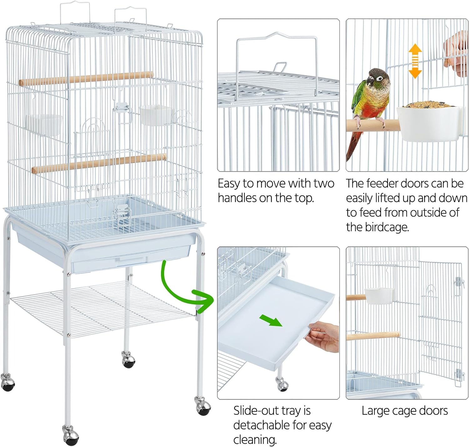 Yaheetech Jaula para pájaros con parte superior abierta y ruedas para cacatúas, periquitos, mejillas verdes, jaula para loros de tamaño mediano con soporte desmontable 