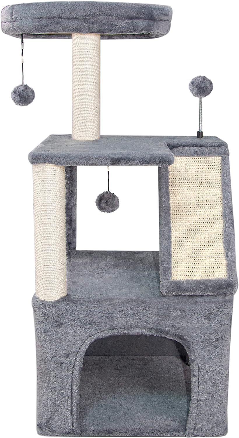 Xin Three Layer Cat Tree with Cat Condo and Two Hammocks,Grey