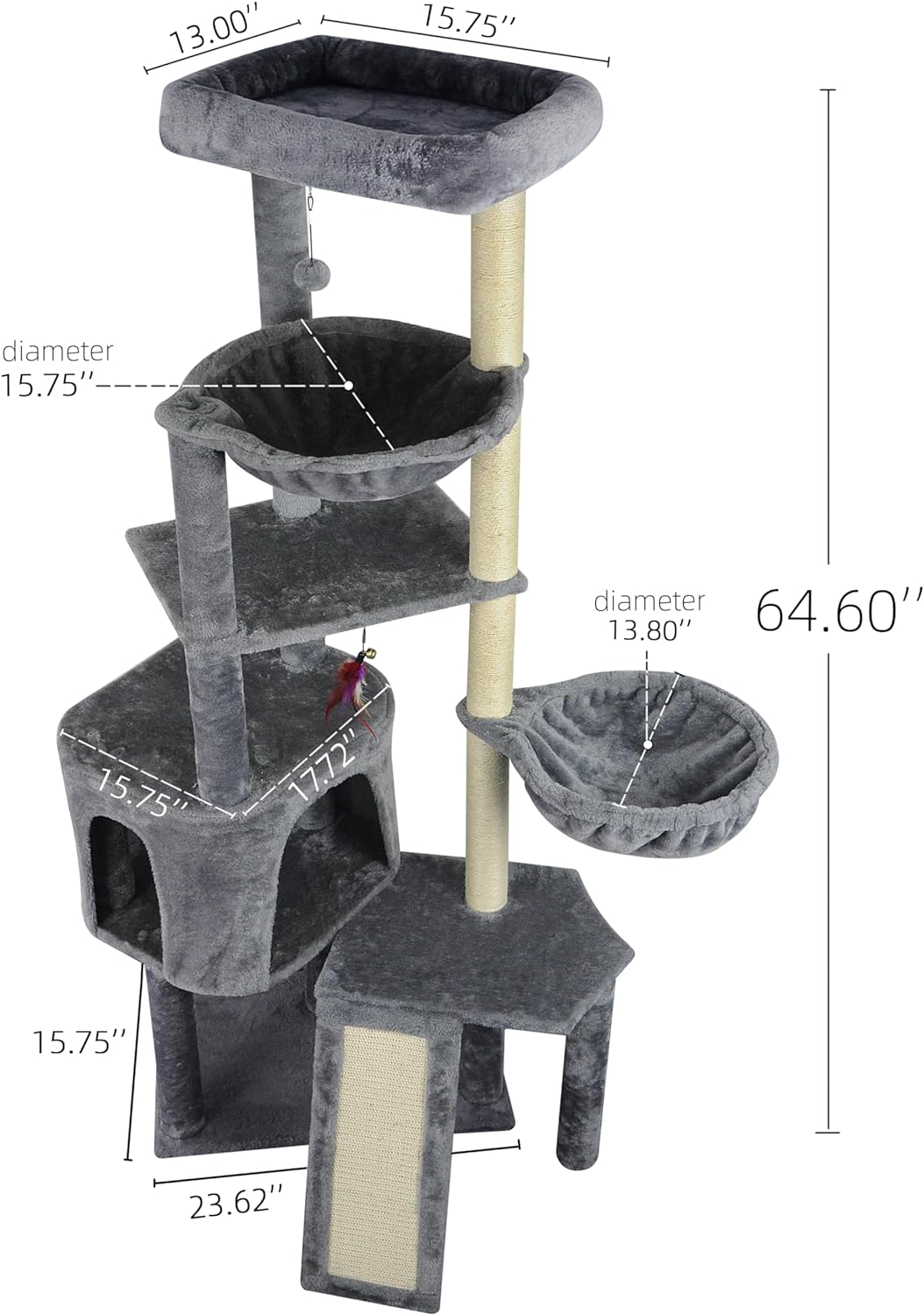 Xin Three Layer Cat Tree with Cat Condo and Two Hammocks,Grey