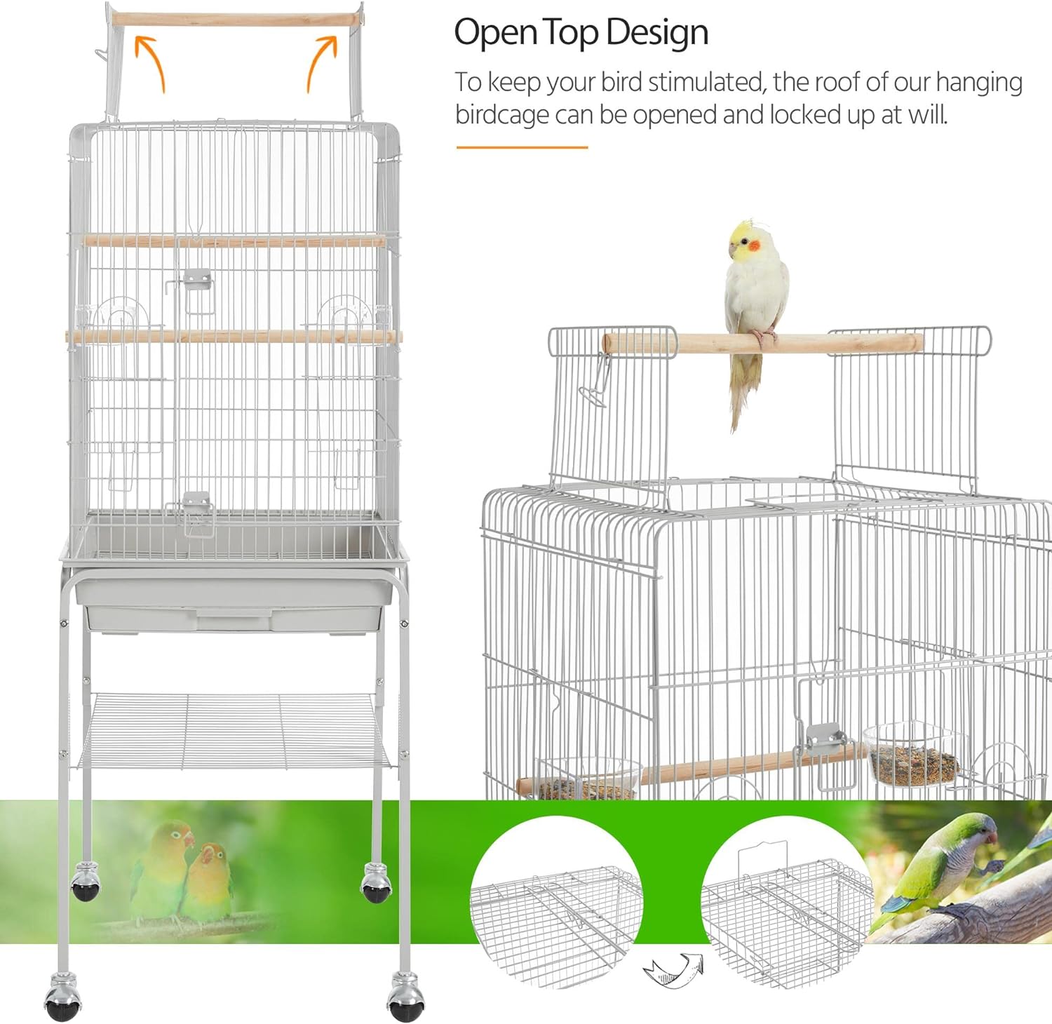 Yaheetech Open Top Rolling Parrot Bird Cage for Cockatiel Sun Parakeet Green Cheek Conure Mid-Sized Parrot Cage with Detachable Stand