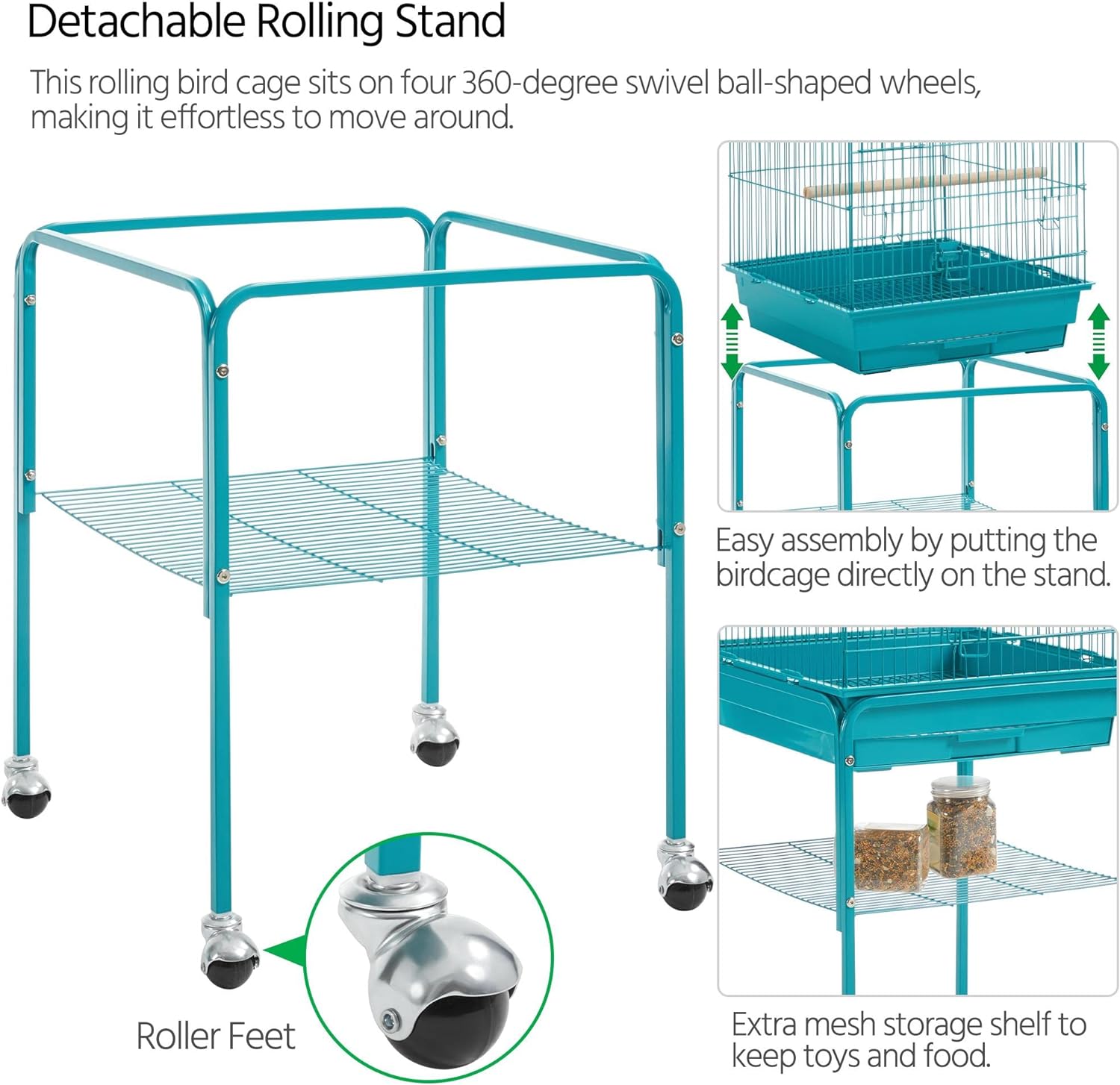 Yaheetech Open Top Rolling Parrot Bird Cage for Cockatiel Sun Parakeet Green Cheek Conure Mid-Sized Parrot Cage with Detachable Stand