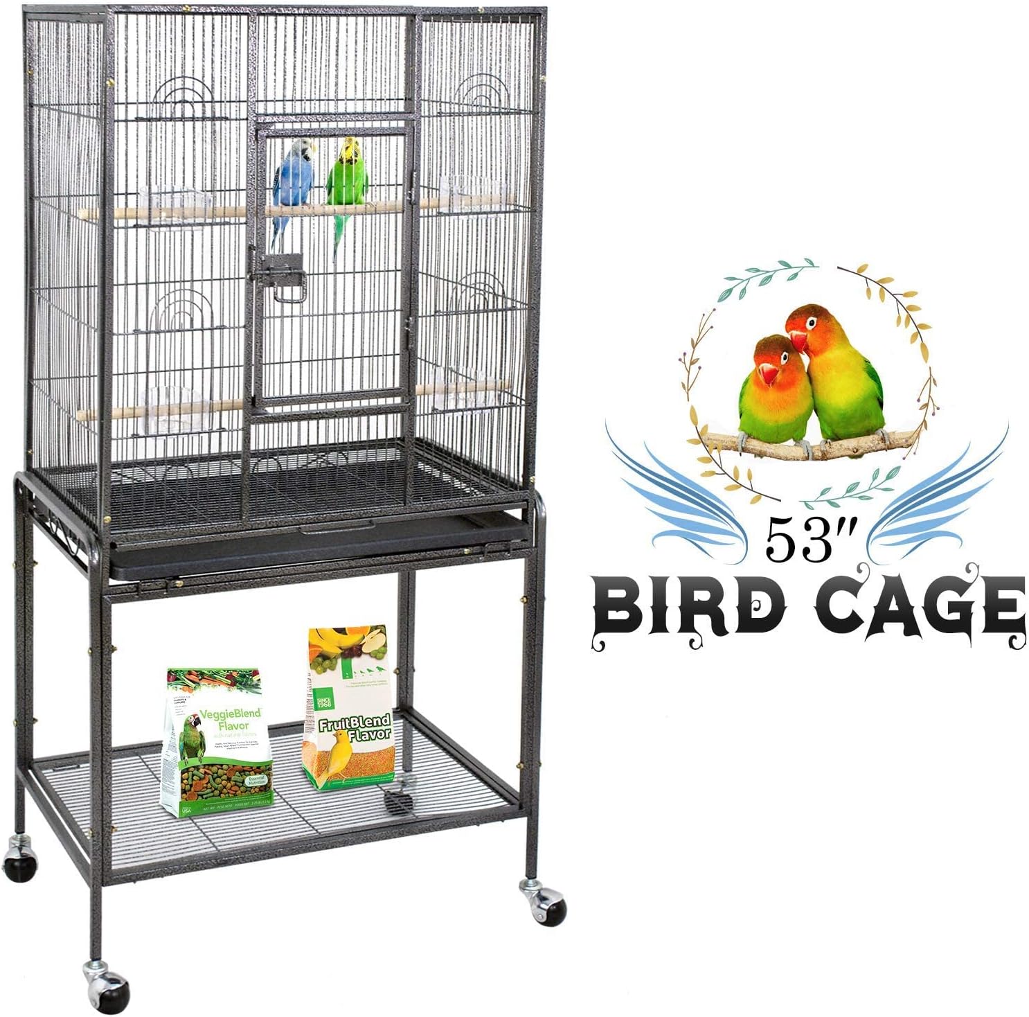 ZENY 53-Inch Bird Flight Cage, Wrought Iron Standing Large with Rolling Stand for Cockatiels Pet Parrot Parakeet Lovebird Canary Finch (White)