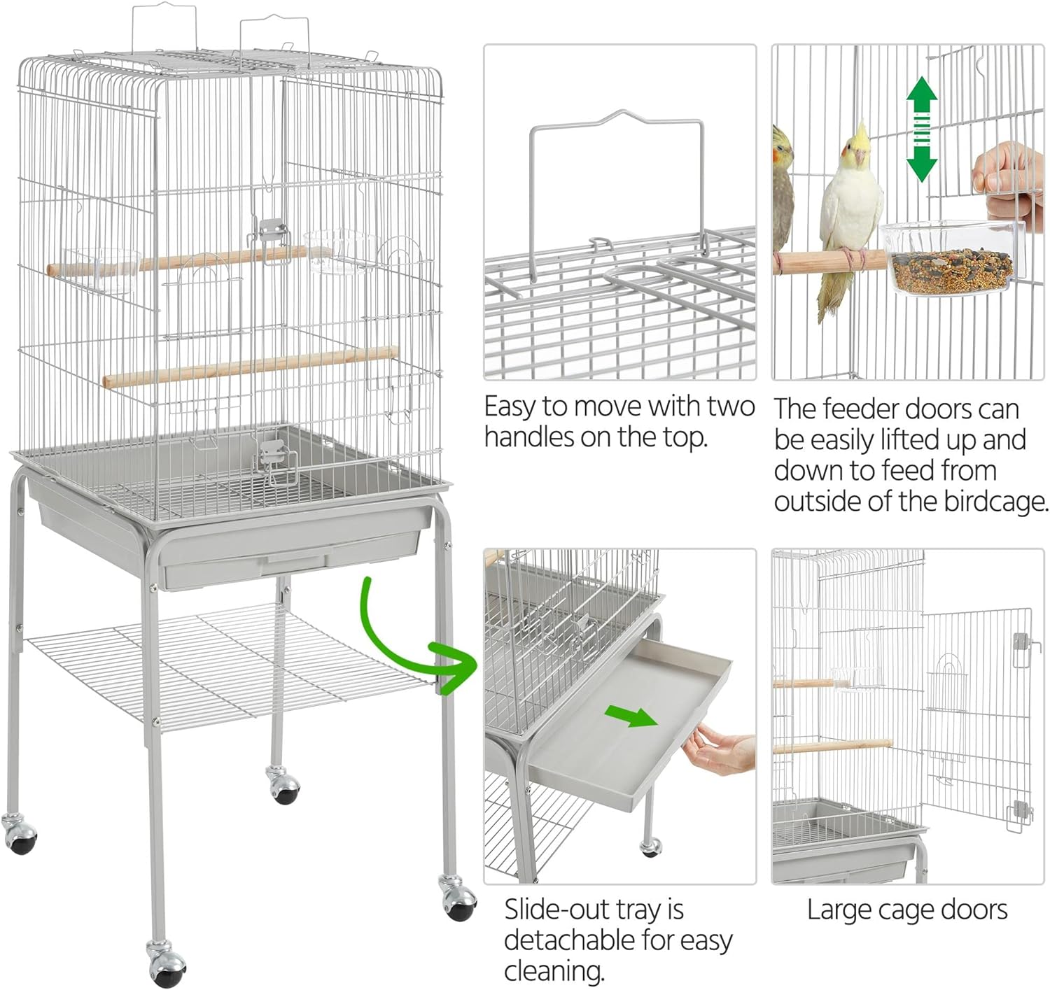 Yaheetech Open Top Rolling Parrot Bird Cage for Cockatiel Sun Parakeet Green Cheek Conure Mid-Sized Parrot Cage with Detachable Stand