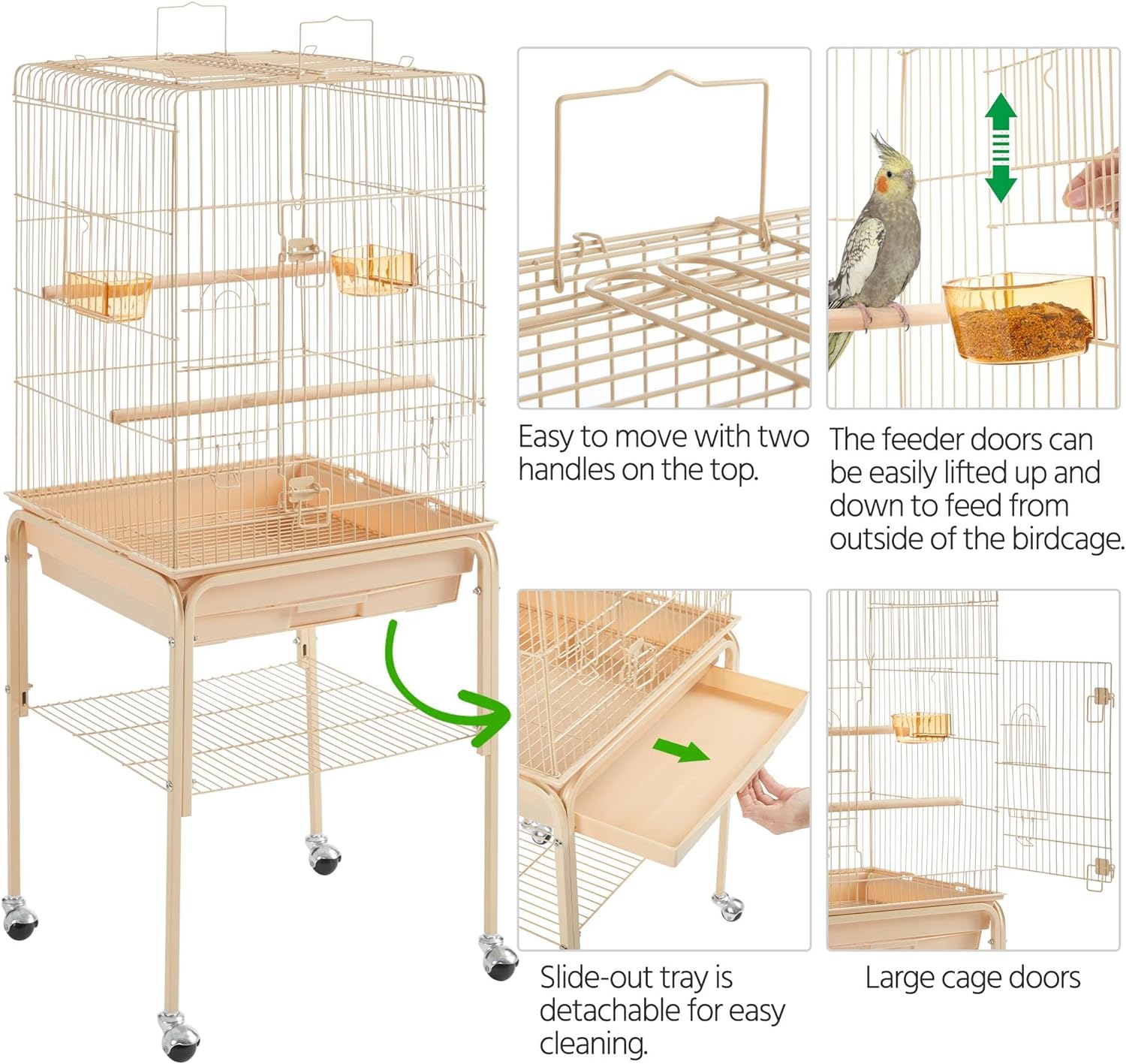 Yaheetech Jaula para pájaros con parte superior abierta y ruedas para cacatúas, periquitos, mejillas verdes, jaula para loros de tamaño mediano con soporte desmontable 