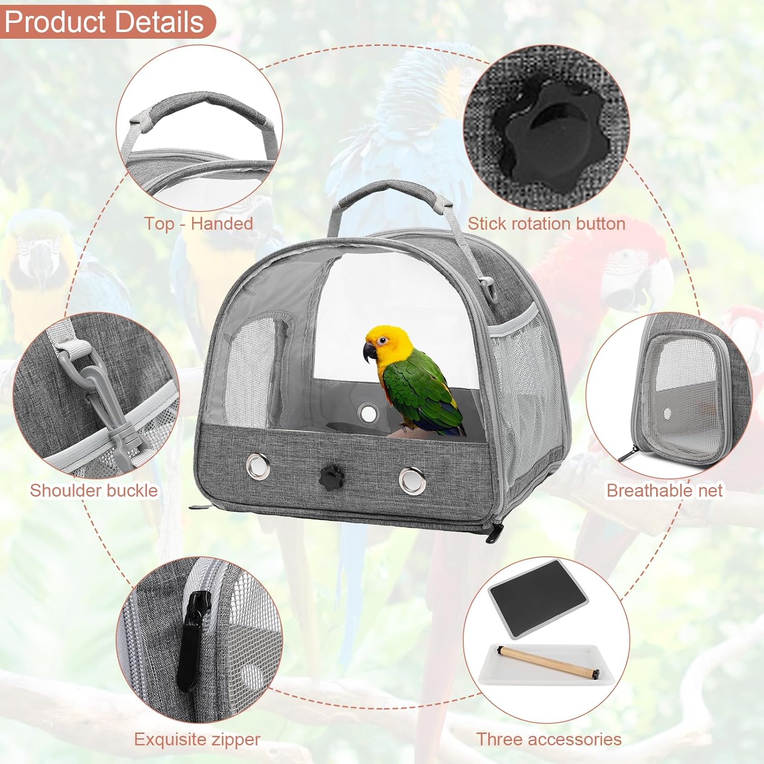 Jaula para mochila para pájaros, mochila de viaje para pájaros, portador de loros, jaula para pájaros transparente y transpirable, portadores de pájaros ligeros (negro) 