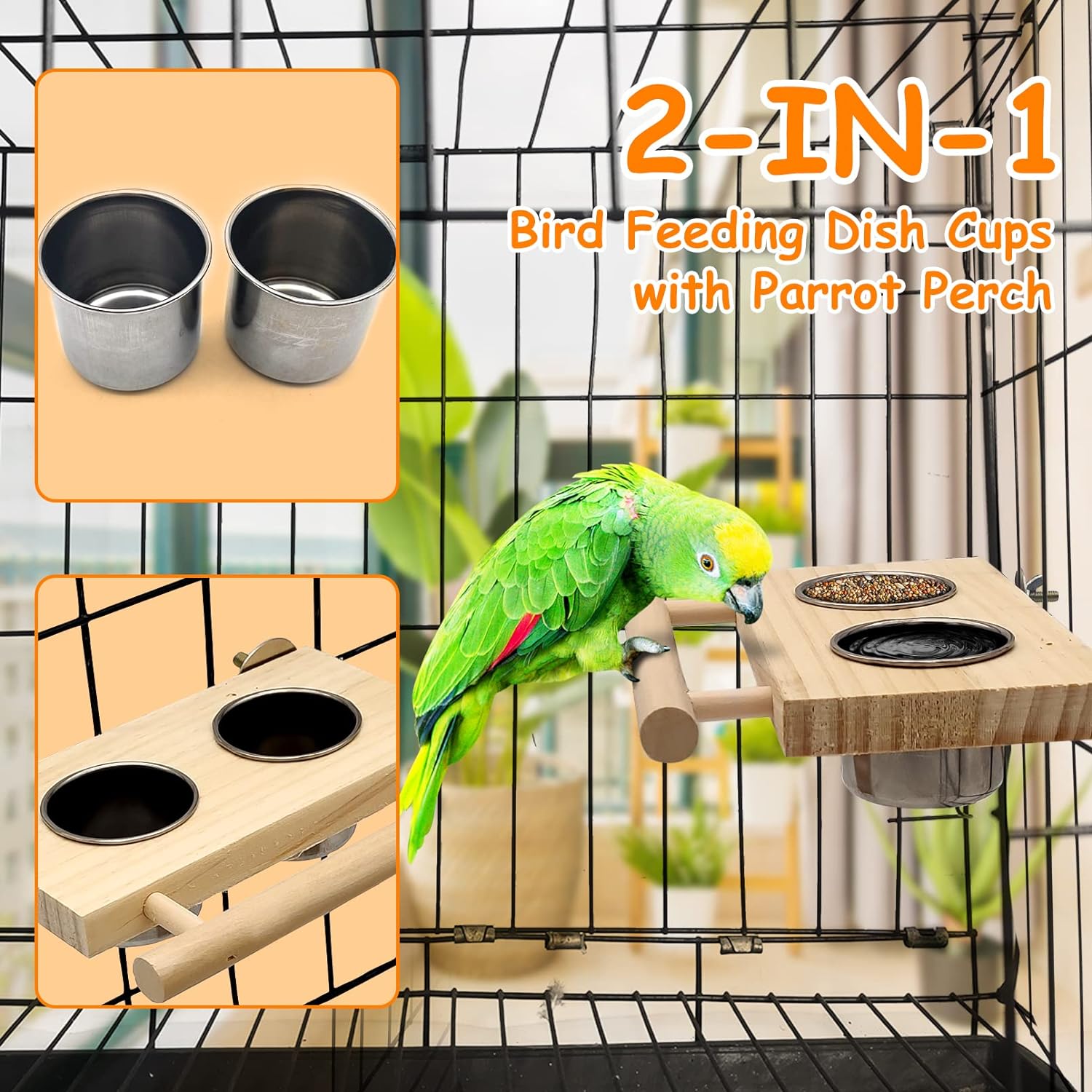 Tfwadmx Comida para pájaros Tazas de acero inoxidable Soporte de perca de madera Comedero colgante Cuencos Suministros de alimentación y riego para periquitos Conures Cockatiels Budgie Parrot 