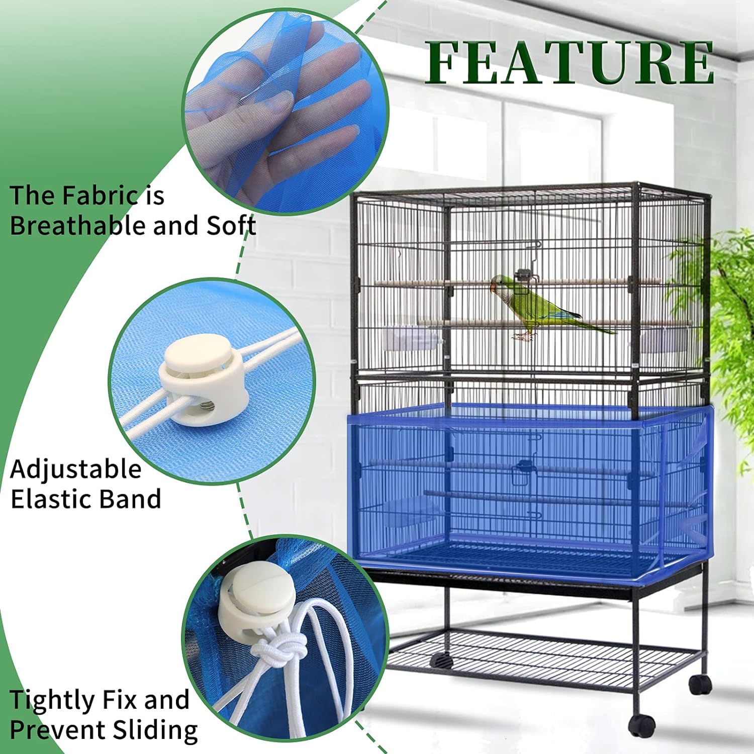 Daoeny Large Bird Cage Cover, Bird Cage Seed Catcher, Adjustable Soft Airy Nylon Mesh Net, Birdcage Cover Skirt Seed Guard for Parrot Parakeet Macaw African Round Square Cages (Black)