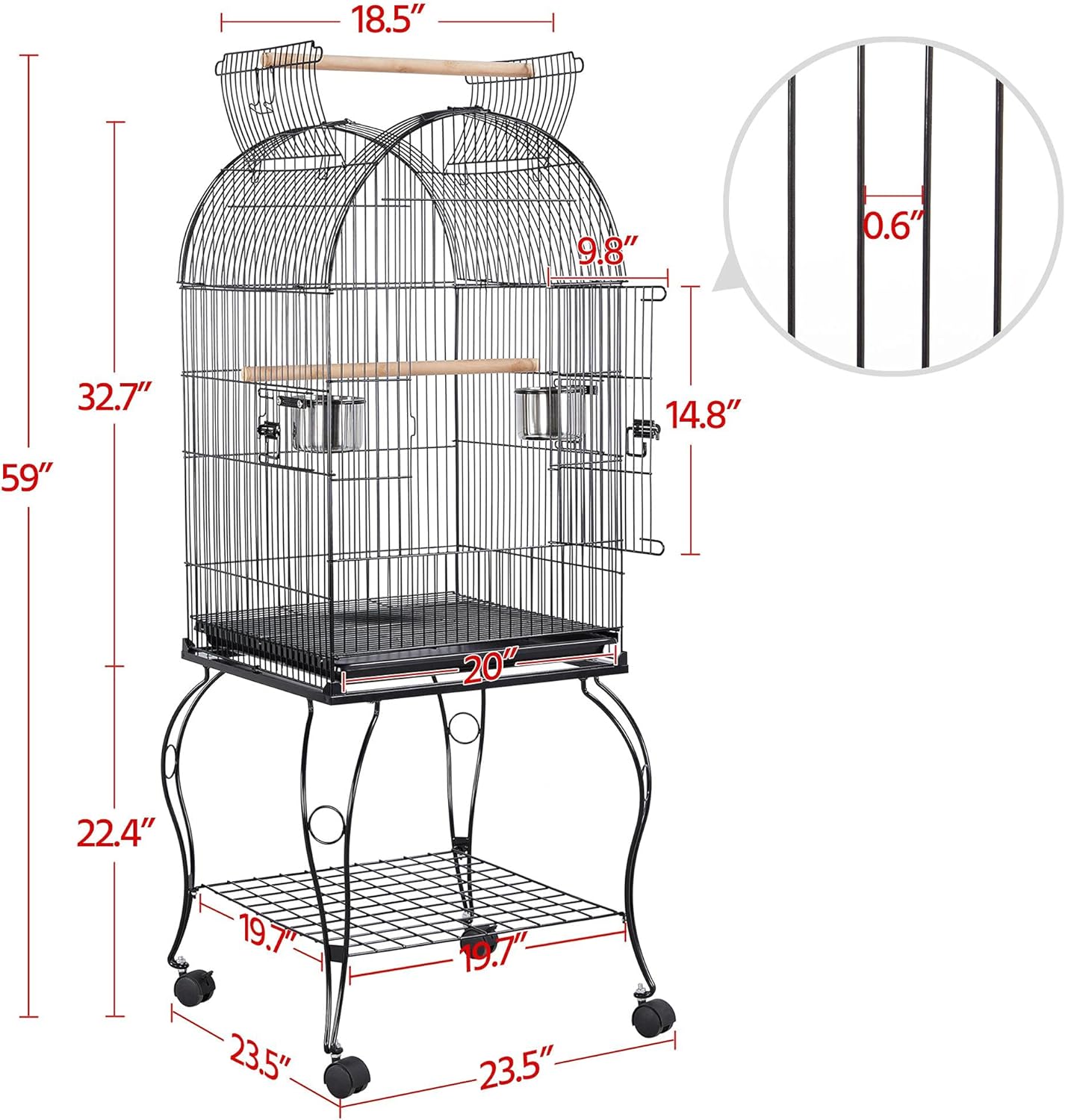 Yaheetech 149,9 cm (59 Zoll) rollender, stehender mittlerer Kuppel-Vogelkäfig mit offener Oberseite für Papageien, Nymphensittiche, Sonnensittiche, Wellensittiche, Wellensittiche, Finken, Kanarienvögel, Haustier-Vogelkäfig mit abnehmbarem Ständer 