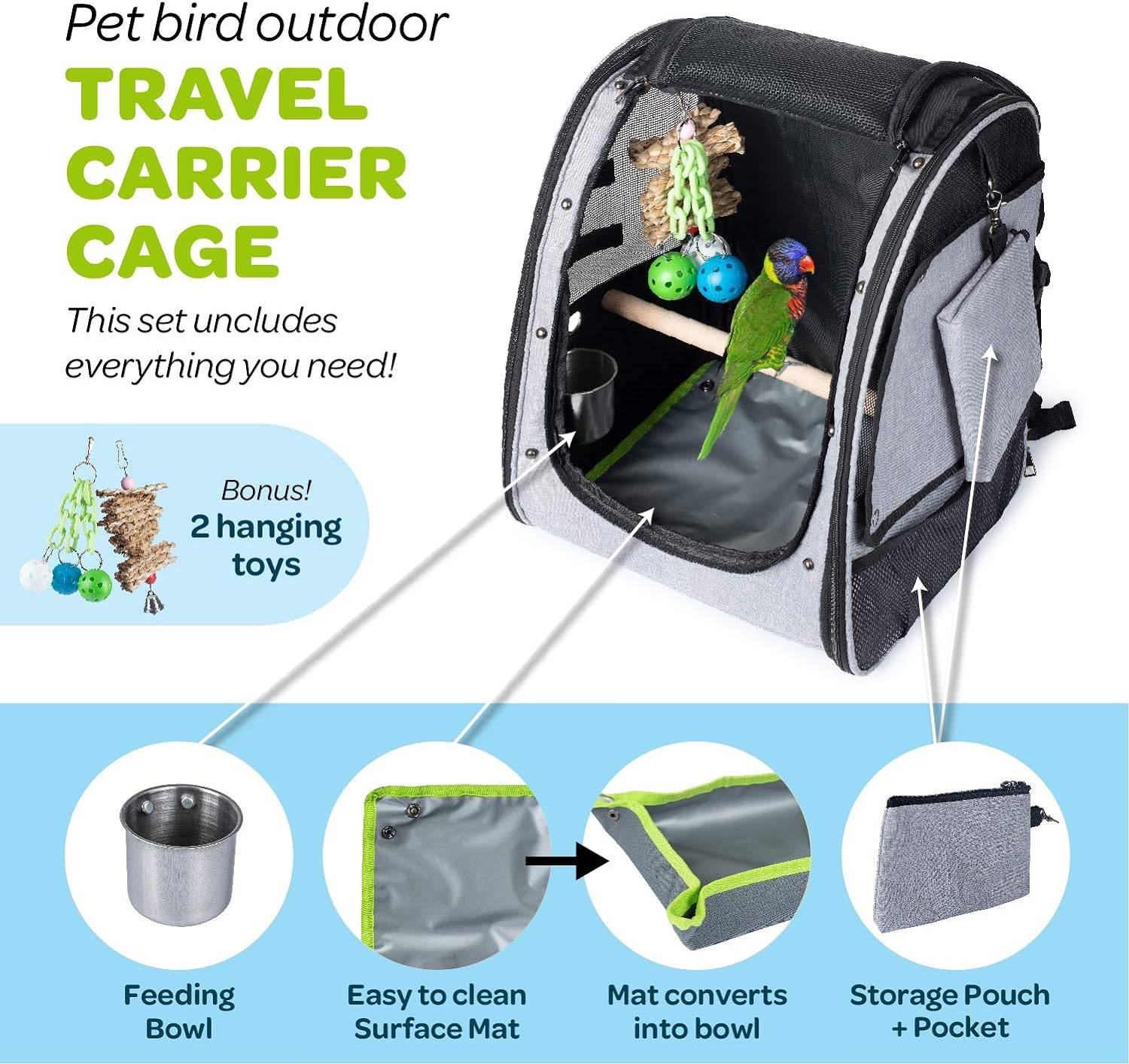 CHEERING PET Bird Carrier, Bird Backpack, Travel Bird Cage, Includes Tray, Perch, Feeding Bowl, Storage Pockets