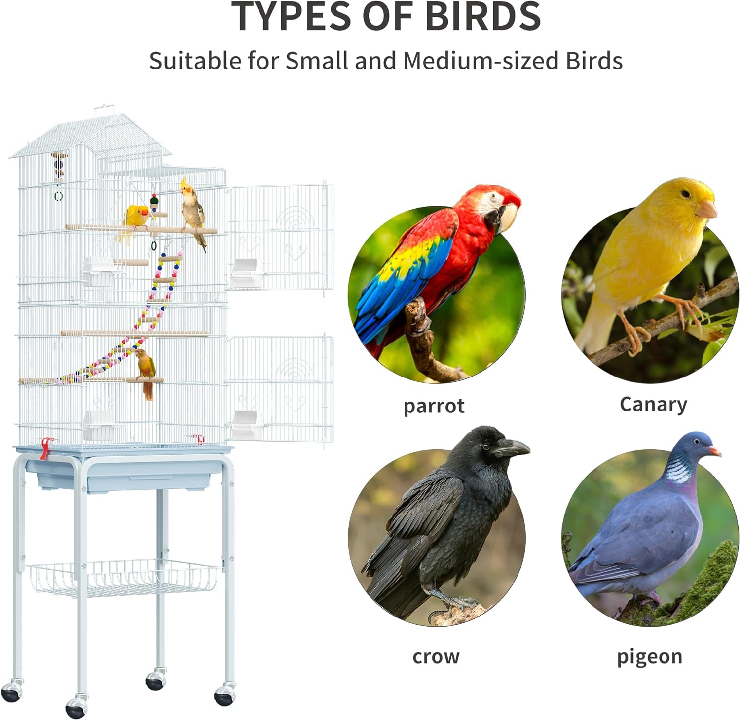 YITAHOME Jaula de metal para pájaros de 62 pulgadas, jaulas grandes para periquitos para loros, cacatúas, agapornis, palomas con techo, soporte rodante y juguetes colgantes 