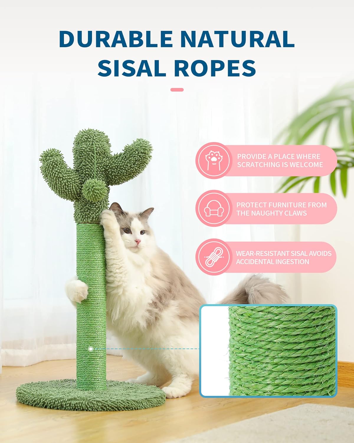 Made4Pets Poste rascador para gatos, rascador de cactus para gatos con cuerda de sisal para rascador de garras de gatos de interior, árbol vertical para gatos verde con bola colgante para gatitos, mediano-25.6 pulgadas 