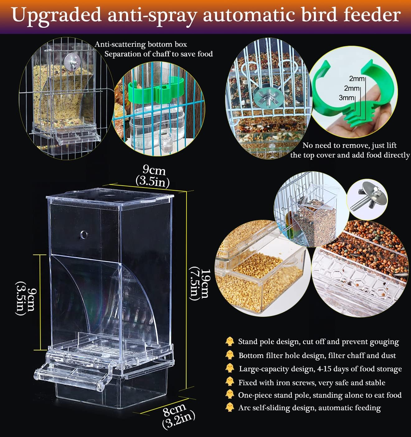 Kenond No Mess Bird Feeder Water Dispenser Set, Automatic Parrot Feeder Cage Accessories, Acrylic Parakeet Seed Food Feeder Drinker for Cage, Cockatiel Squirrel Finch Lovebirds Budgies Canary