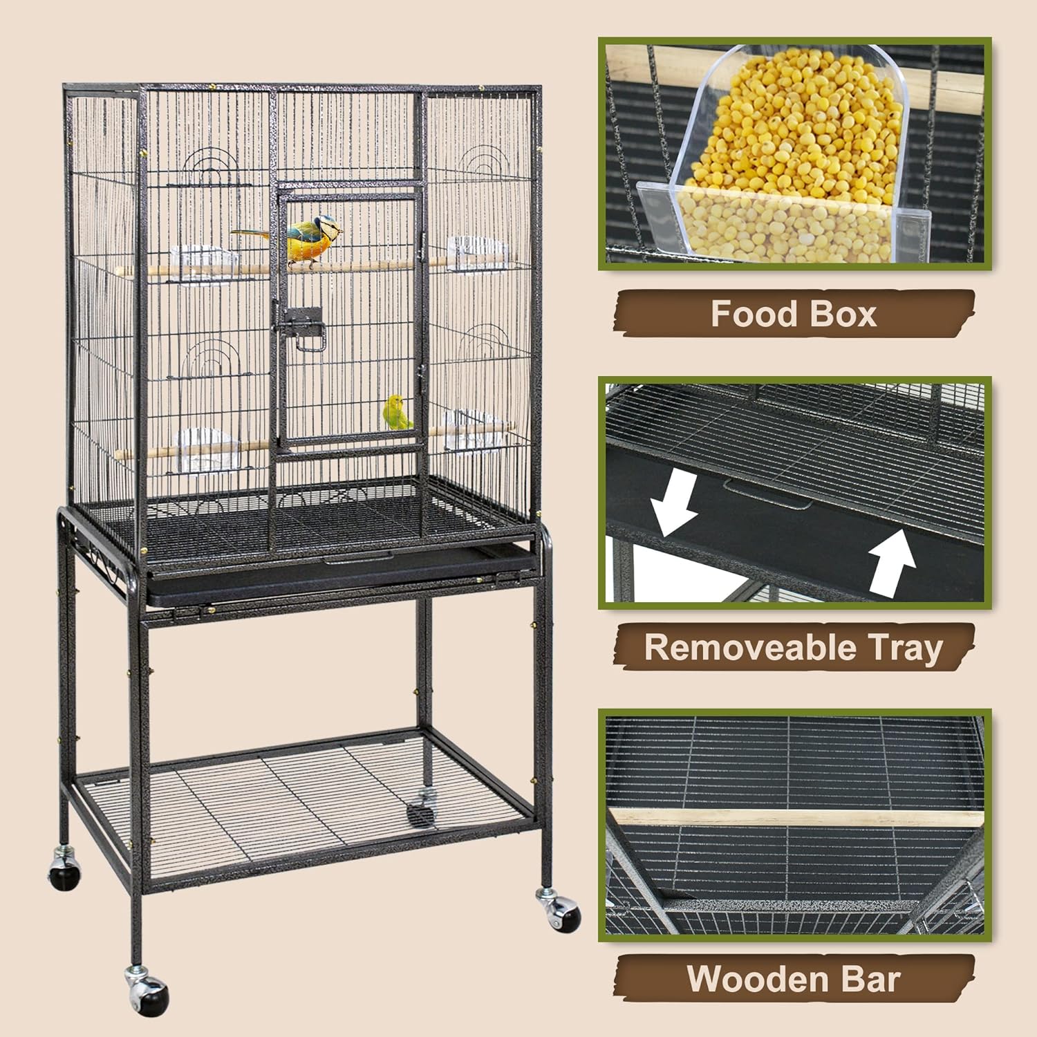 ZENY 53-Inch Bird Flight Cage, Wrought Iron Standing Large with Rolling Stand for Cockatiels Pet Parrot Parakeet Lovebird Canary Finch (White)