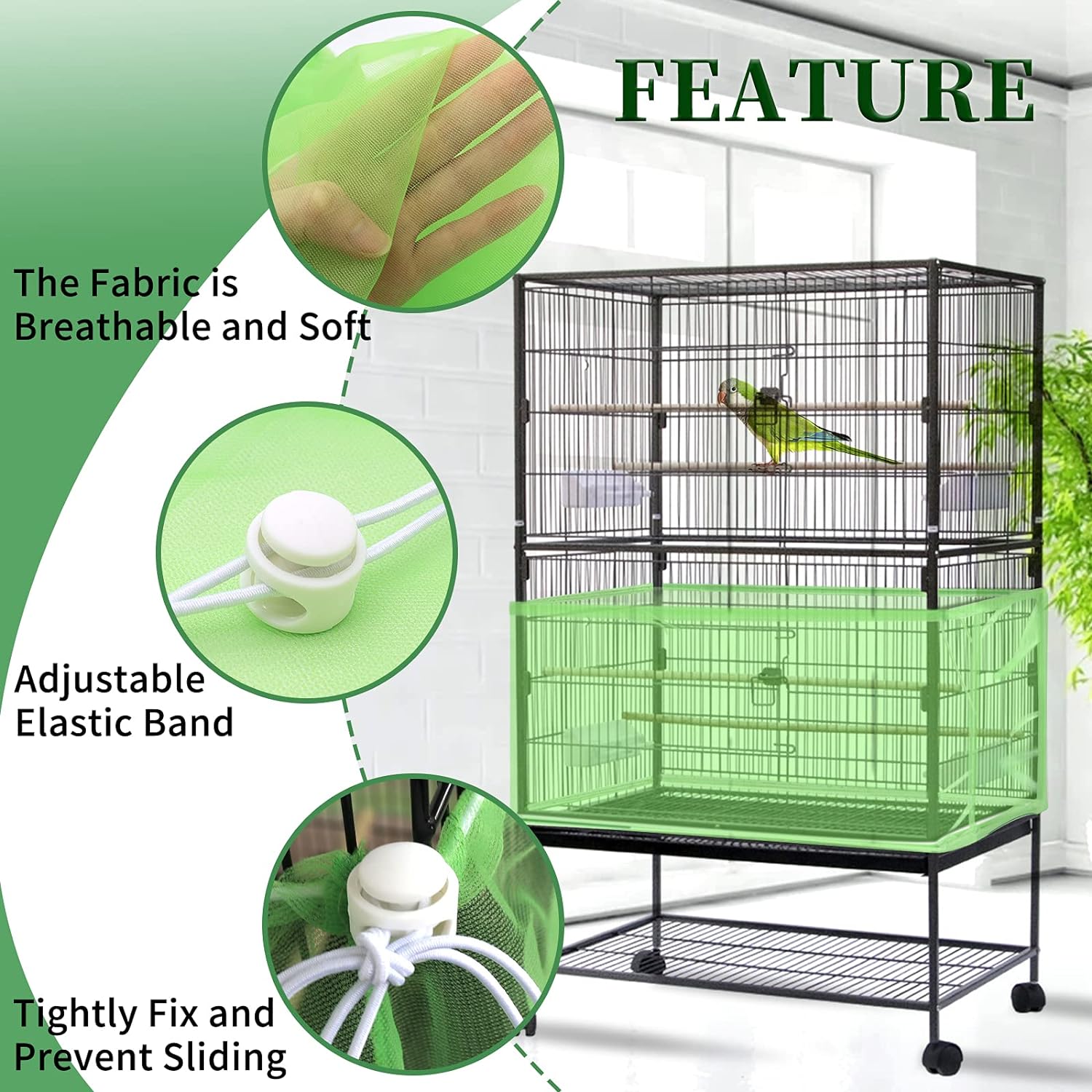 Daoeny Large Bird Cage Cover, Bird Cage Seed Catcher, Adjustable Soft Airy Nylon Mesh Net, Birdcage Cover Skirt Seed Guard for Parrot Parakeet Macaw African Round Square Cages (Black)