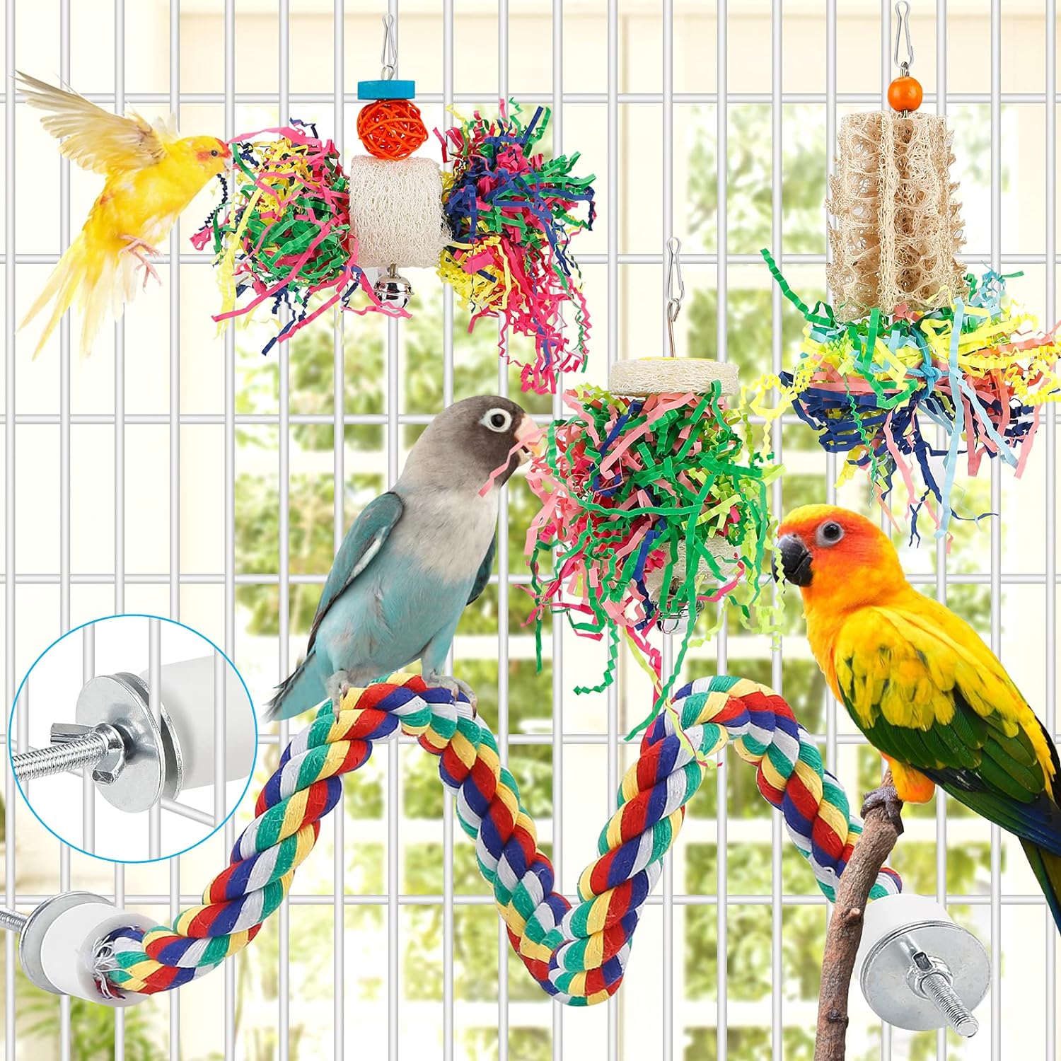 Bird Toys Bird Shredding Foraging Toys Parakeet Toy Chewing Hanging Toy Bird Shredded Paper Bird Cage Accessories Bird Rope Perch for Conure Cockatiel Budgies Lovebird Parrotlet (Without Rope Perch)