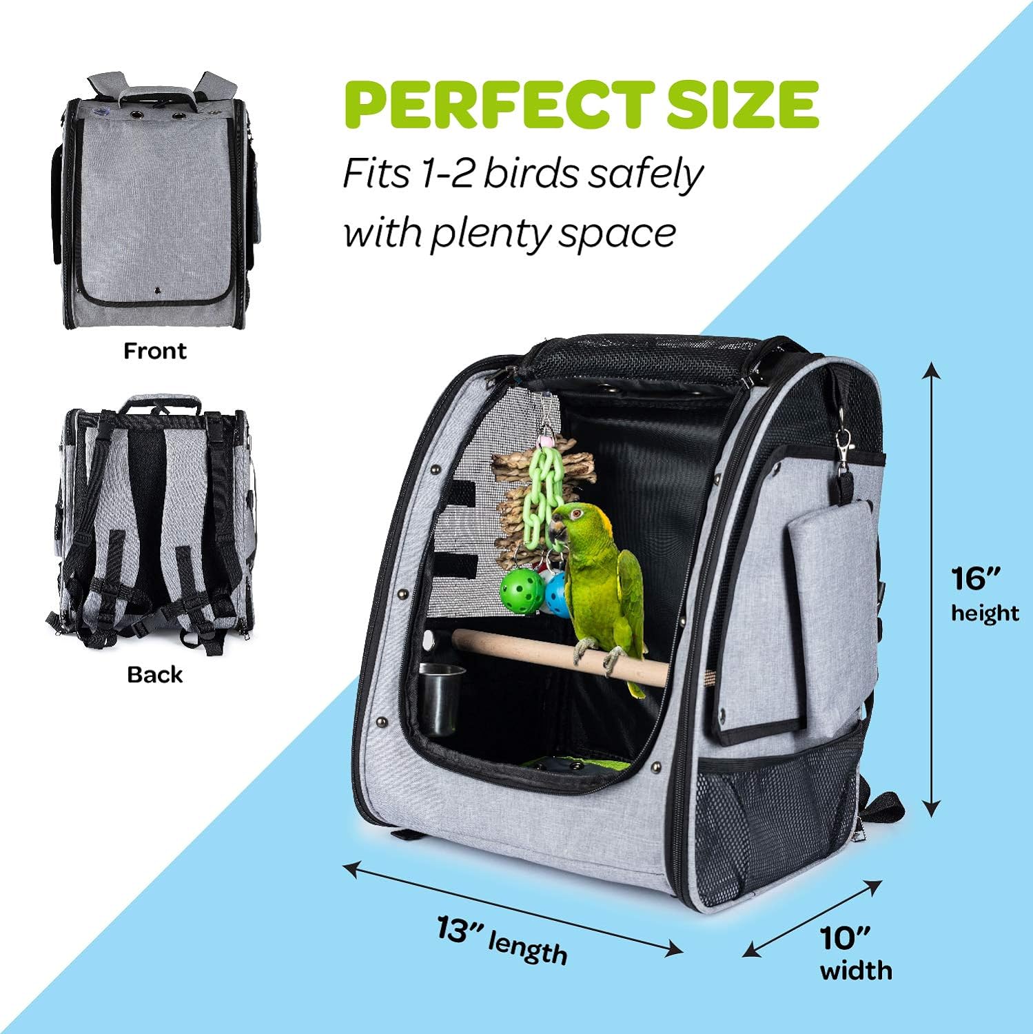 CHEERING PET Bird Carrier, Bird Backpack, Travel Bird Cage, Includes Tray, Perch, Feeding Bowl, Storage Pockets