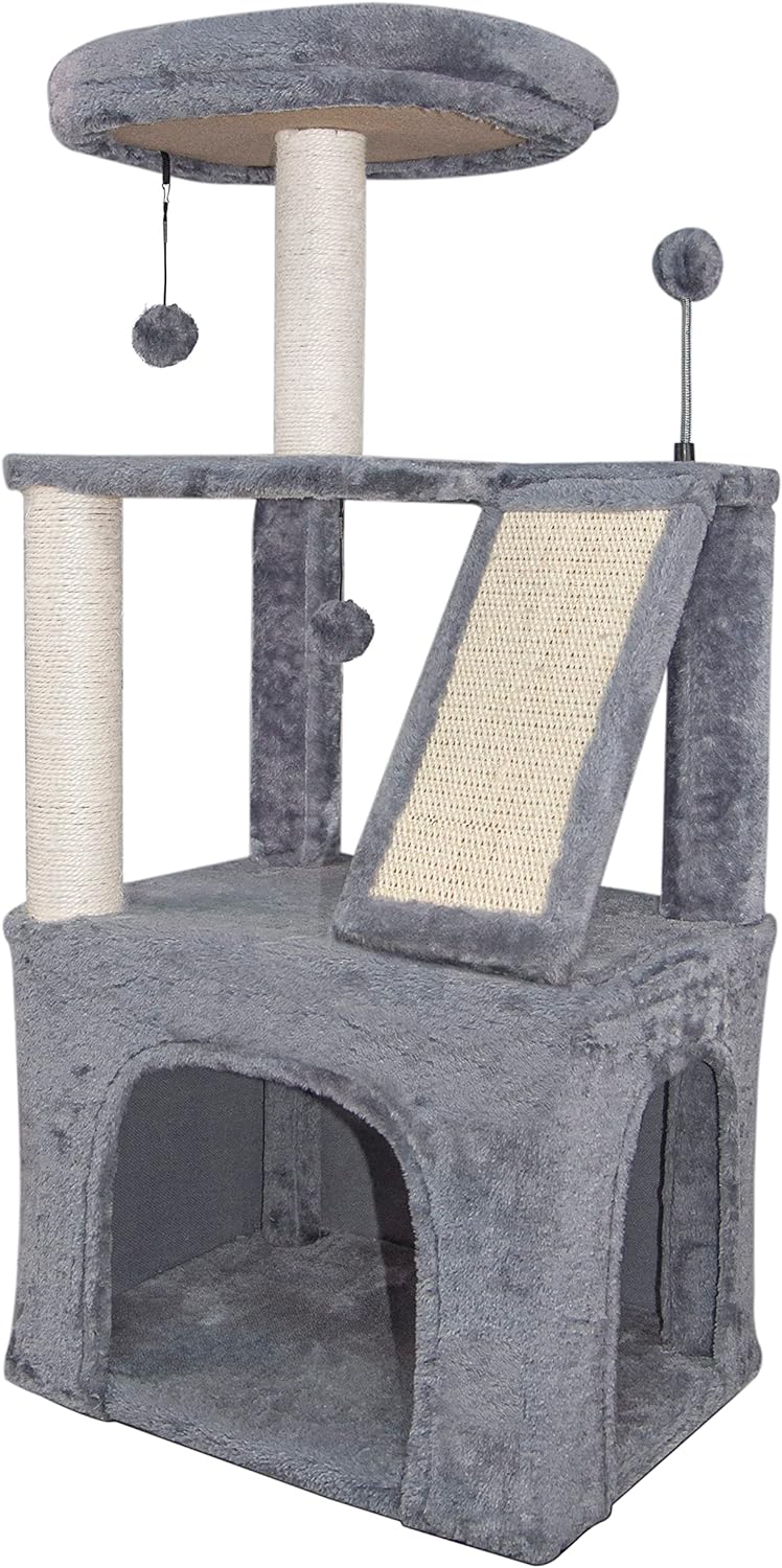 Xin Three Layer Cat Tree with Cat Condo and Two Hammocks,Grey