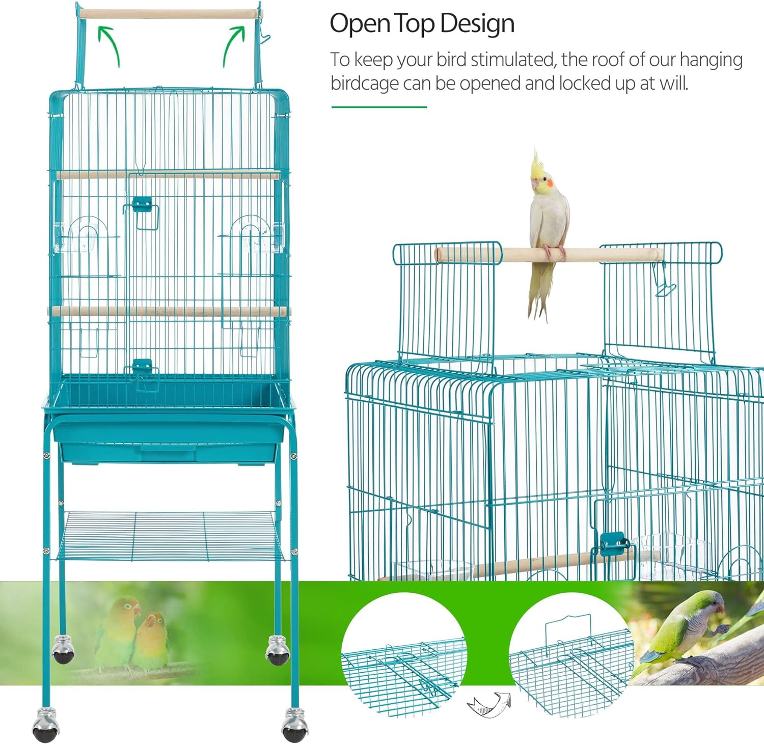 Yaheetech, oben offener, rollender Papageien-Vogelkäfig für Nymphensittiche, Sonnensittiche, Grünwangensittiche, mittelgroßer Papageienkäfig mit abnehmbarem Ständer 