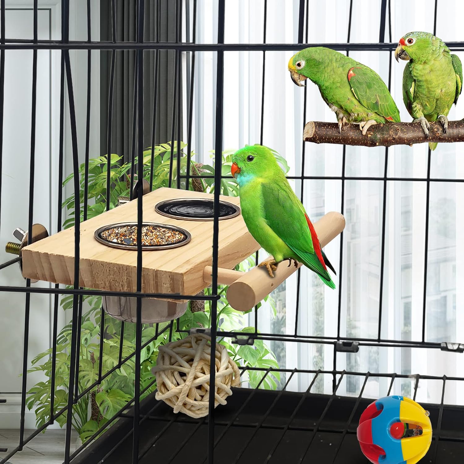 Tfwadmx Comida para pájaros Tazas de acero inoxidable Soporte de perca de madera Comedero colgante Cuencos Suministros de alimentación y riego para periquitos Conures Cockatiels Budgie Parrot 