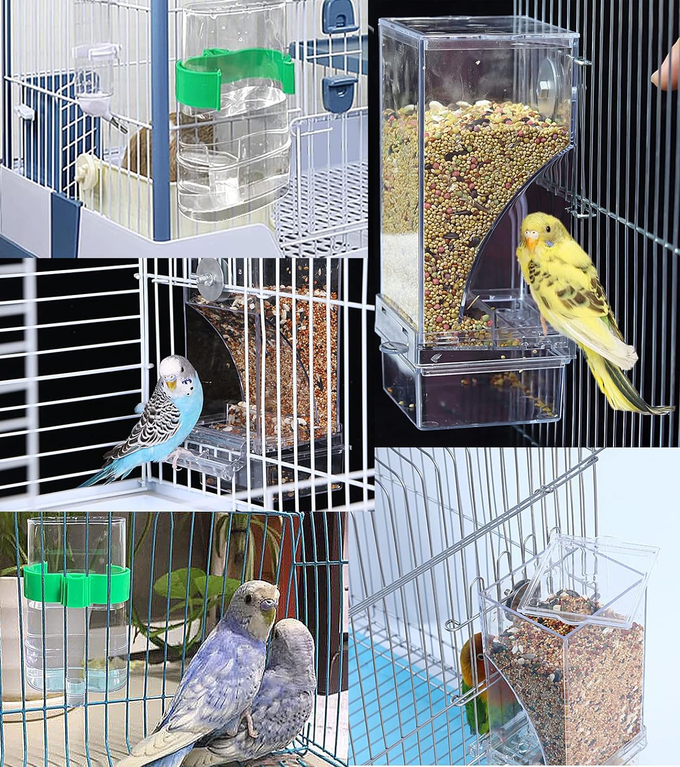 Kenond No Mess Bird Feeder Water Dispenser Set, Automatic Parrot Feeder Cage Accessories, Acrylic Parakeet Seed Food Feeder Drinker for Cage, Cockatiel Squirrel Finch Lovebirds Budgies Canary