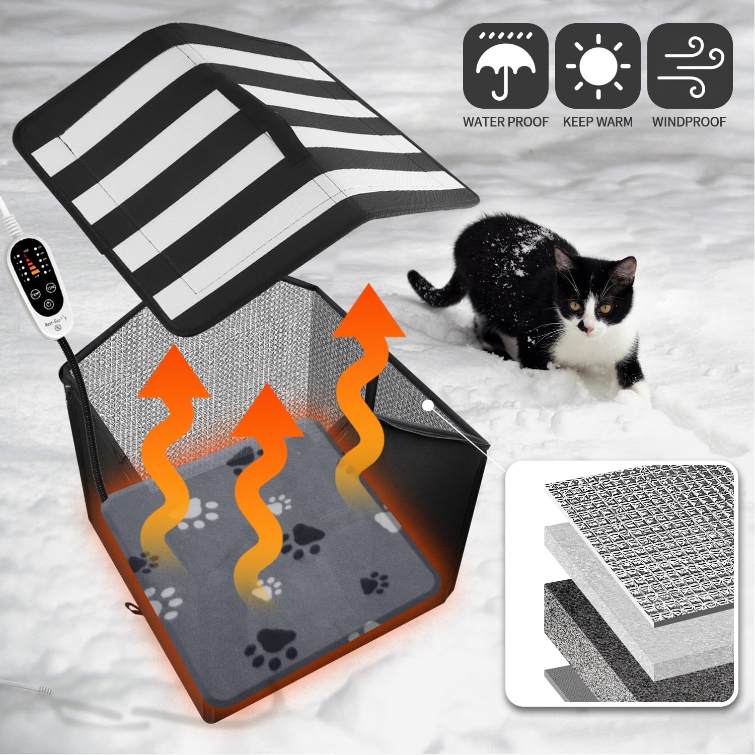 Rest-Eazzzy Cat House, Outdoor Cat Bed, Weatherproof Cat Shelter for Outdoor Cats Dogs and Small Animals (Heat Grey S)