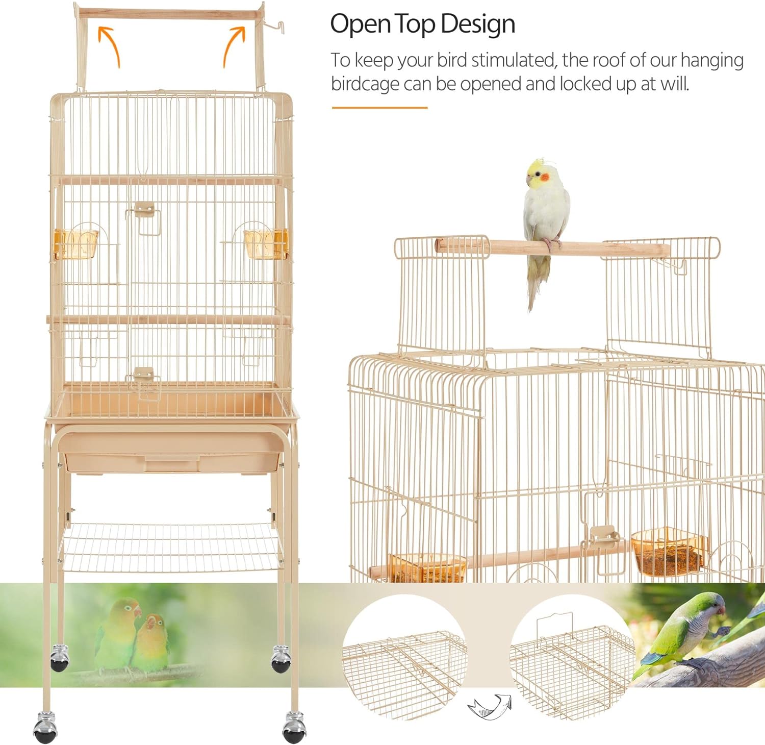 Yaheetech Open Top Rolling Parrot Bird Cage for Cockatiel Sun Parakeet Green Cheek Conure Mid-Sized Parrot Cage with Detachable Stand