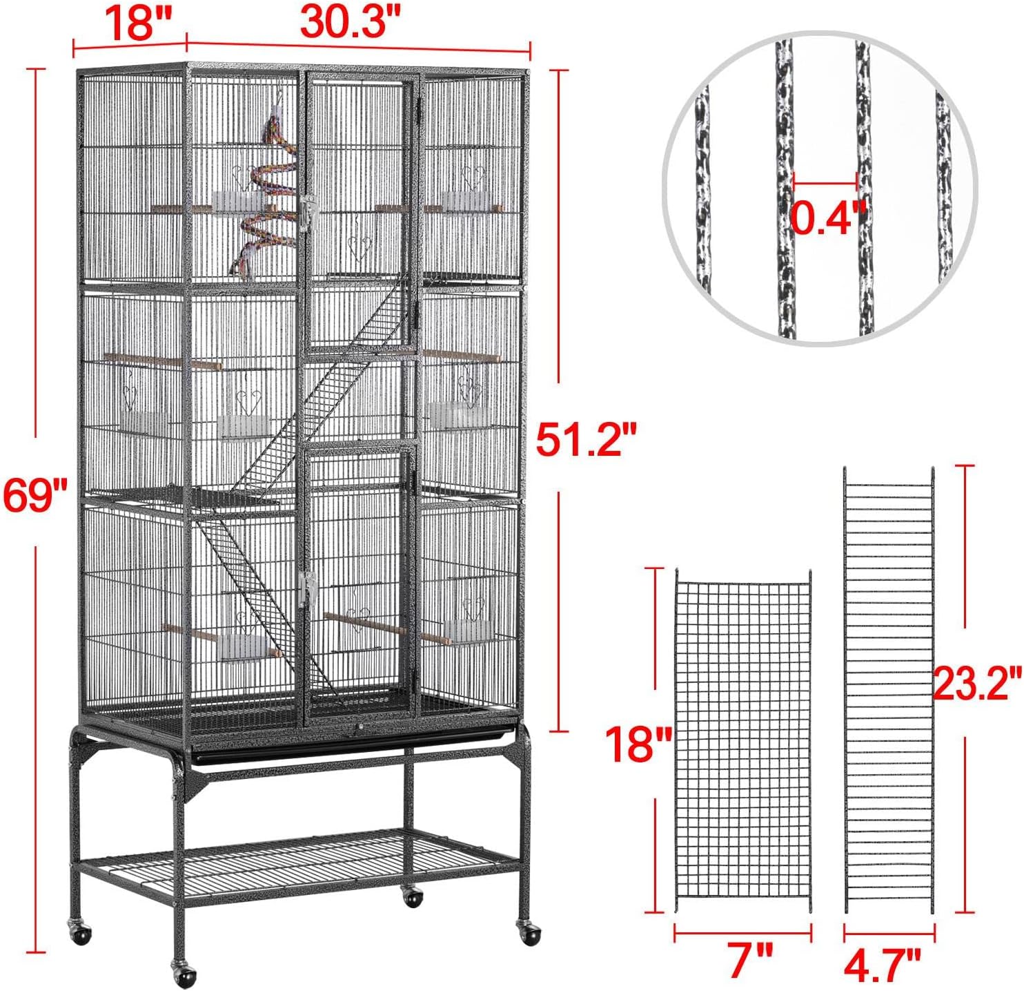 Yaheetech 69-Zoll-Vogelkäfig, extra groß, Metall-Papageienkäfig für mittelgroße Papageien, Nymphensittiche, Sittiche, Wellensittiche, Finken, schwarz 