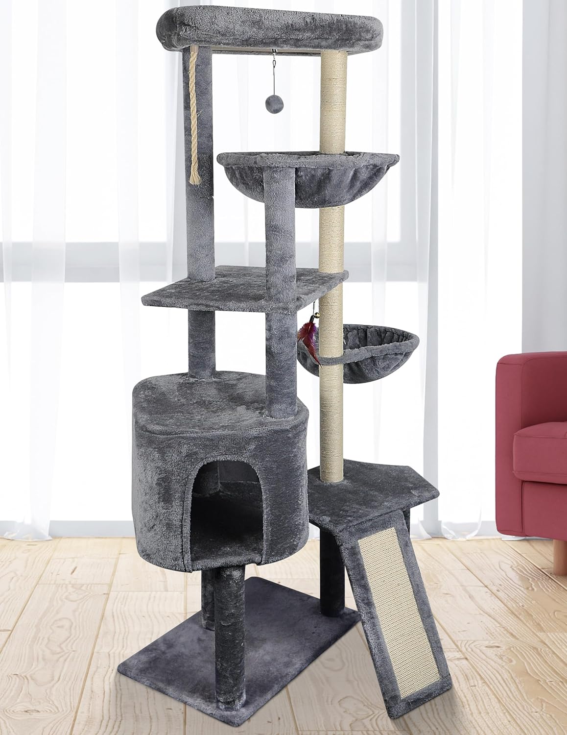 Xin Three Layer Cat Tree with Cat Condo and Two Hammocks,Grey