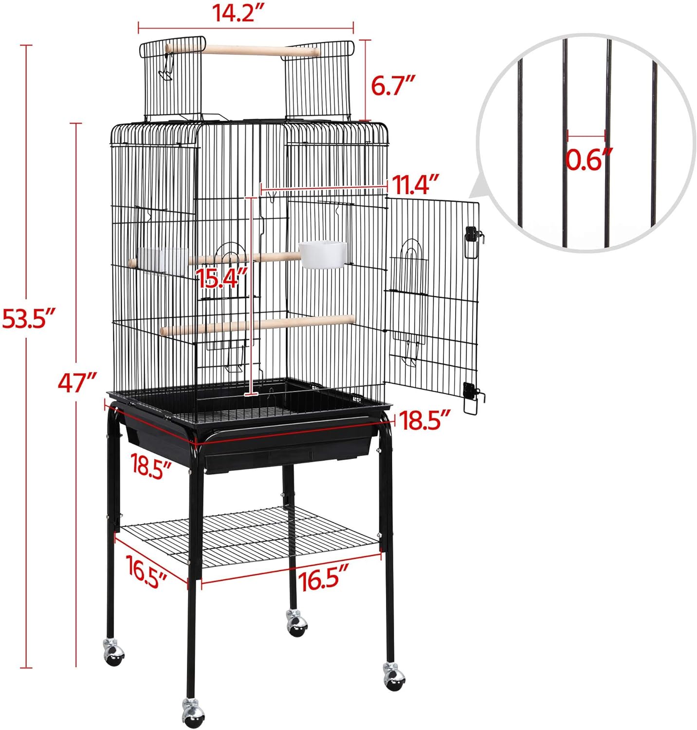 Yaheetech Open Top Rolling Parrot Bird Cage for Cockatiel Sun Parakeet Green Cheek Conure Mid-Sized Parrot Cage with Detachable Stand