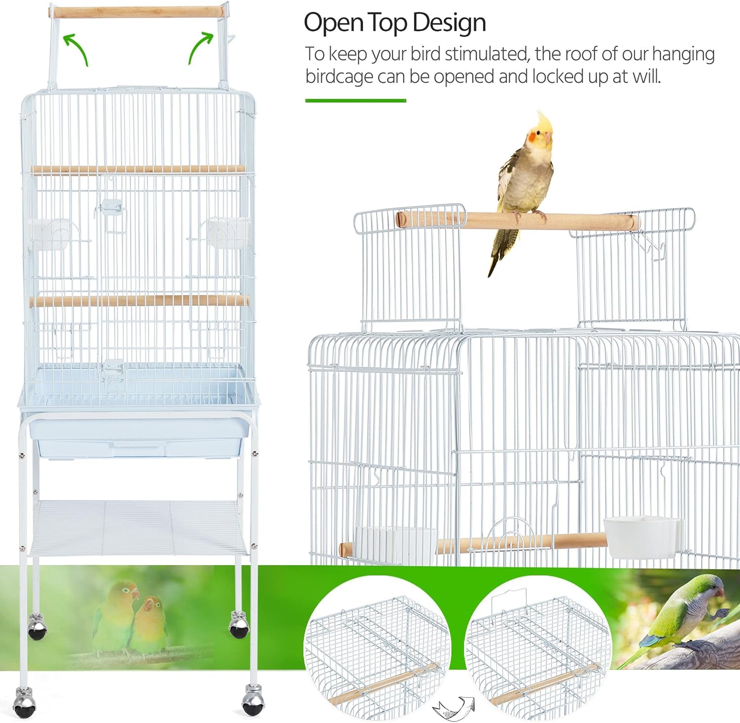 Yaheetech Open Top Rolling Parrot Bird Cage for Cockatiel Sun Parakeet Green Cheek Conure Mid-Sized Parrot Cage with Detachable Stand