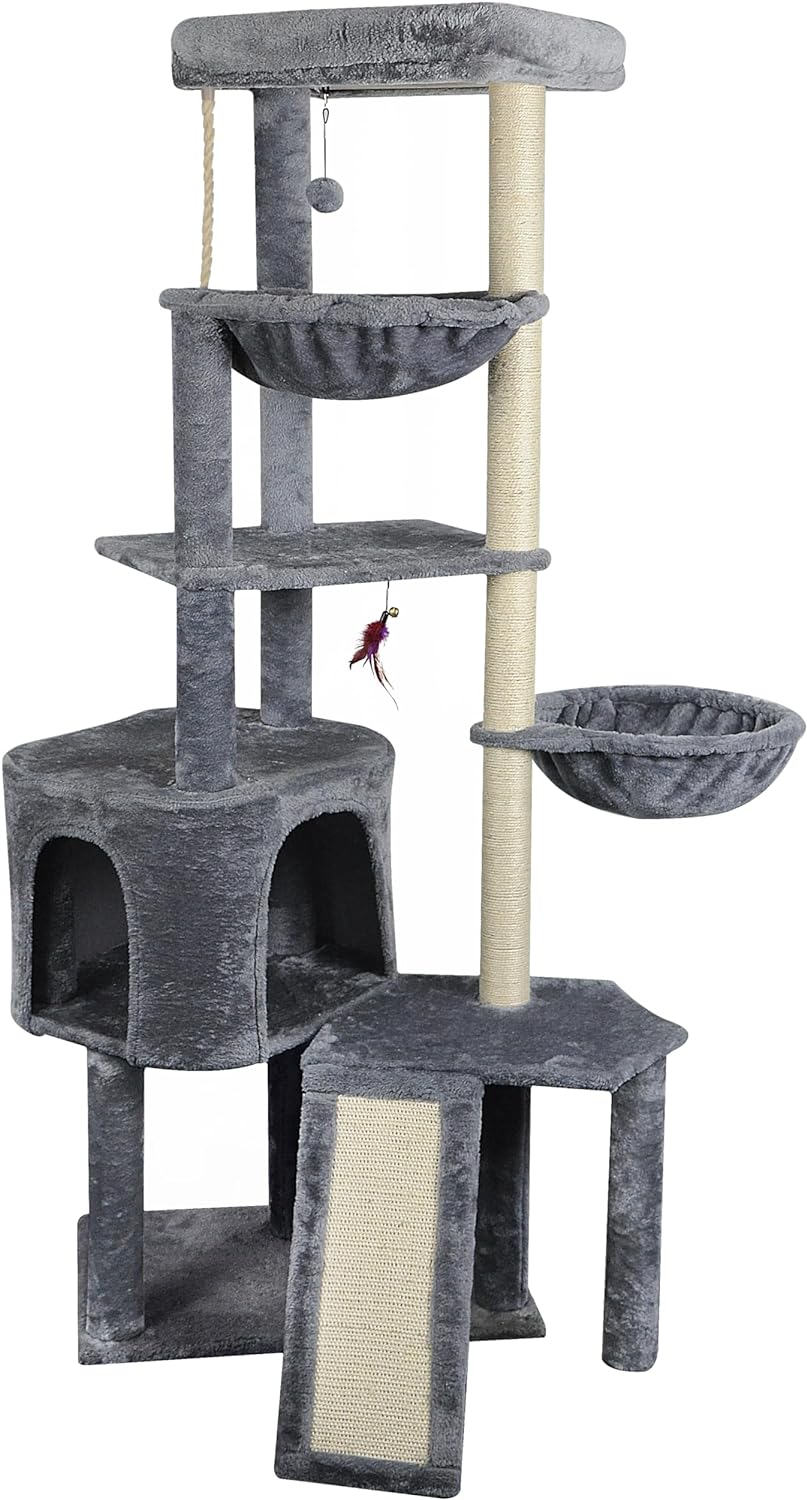 Xin Three Layer Cat Tree with Cat Condo and Two Hammocks,Grey