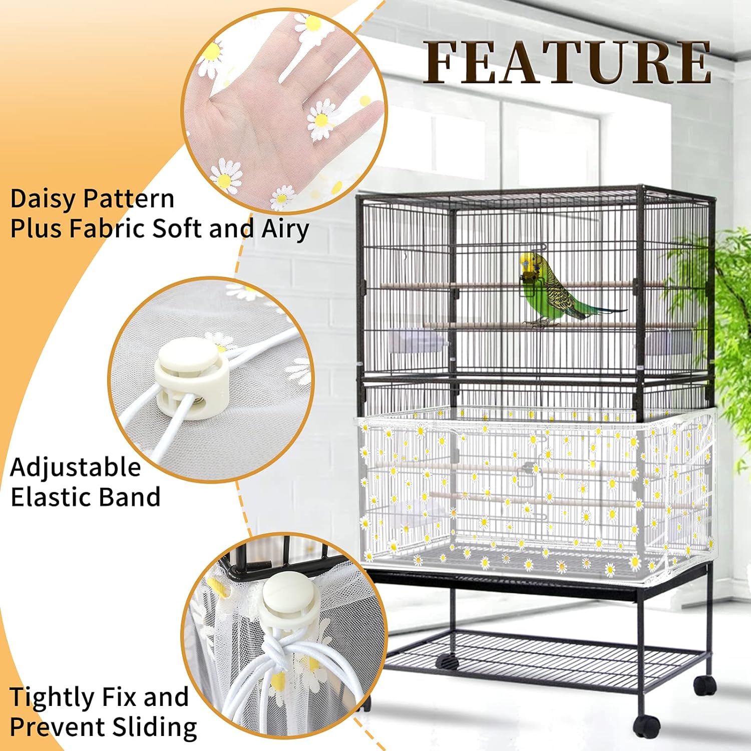 Daoeny Large Bird Cage Cover, Bird Cage Seed Catcher, Adjustable Soft Airy Nylon Mesh Net, Birdcage Cover Skirt Seed Guard for Parrot Parakeet Macaw African Round Square Cages (Black)