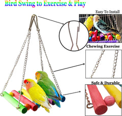 ESRISE 8 Pcs Parakeet Cockatiel Bird Toys, Hanging Bell Pet Bird Cage Hammock Swing Toy Wooden Perch Chewing Toy for Budgerigar, Conures, Love Birds, Finches, Mynah