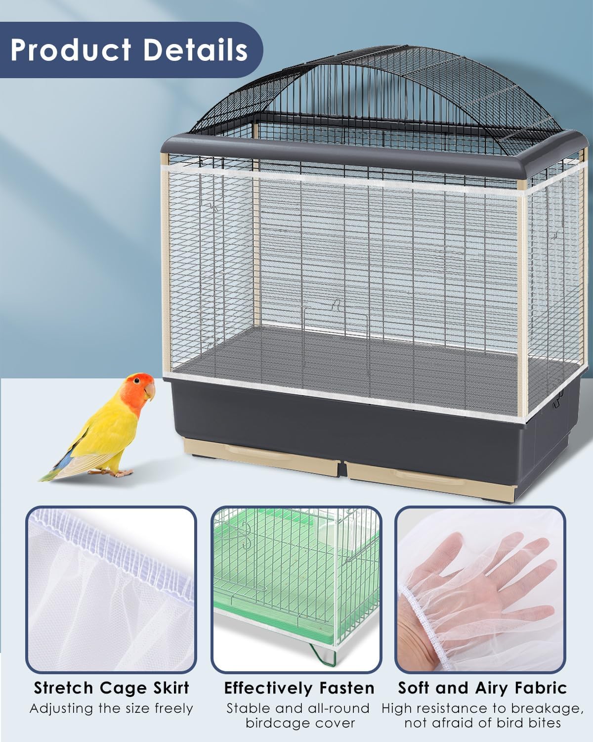 Bissap Bird Cage Seed Catcher, Universal Birdcage Net Nylon Adjustable Elastic Band Stretchy Skirts Mesh Cover for Parrot Cage Seed Guard (Not Include Birdcage)- White