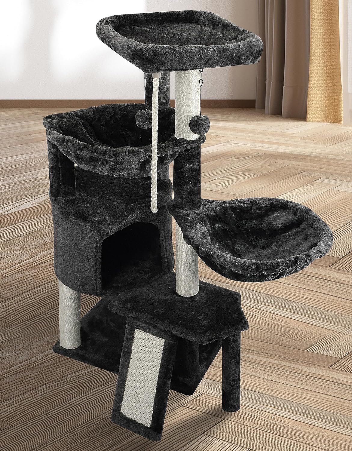 Xin Three Layer Cat Tree with Cat Condo and Two Hammocks,Grey