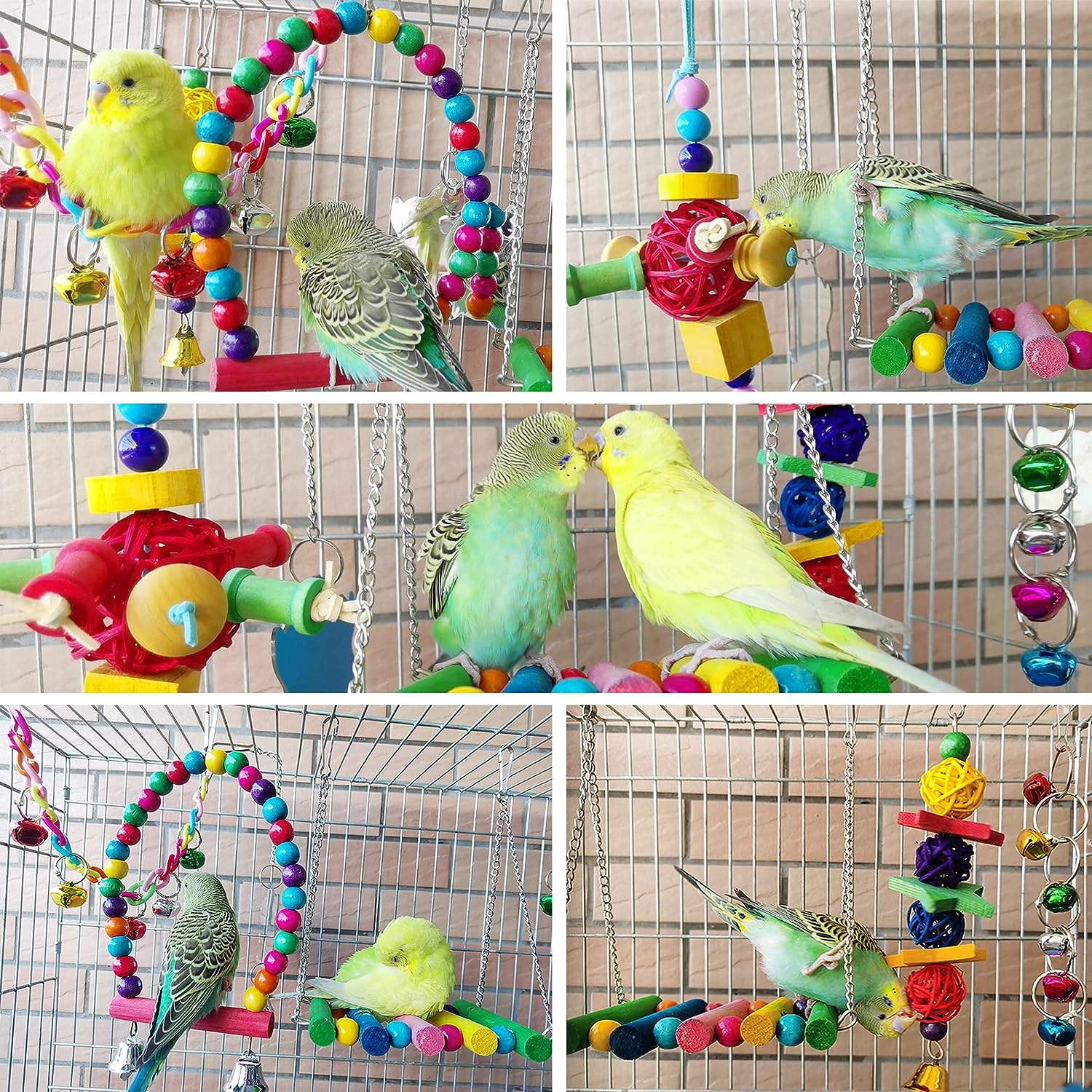 ESRISE 8 piezas de juguetes para pájaros, cacatúas, periquitos, campanas colgantes, jaula para pájaros, hamaca, columpio, juguete de madera para masticar percas, periquitos, conures, pájaros del amor, pinzones, mynah 