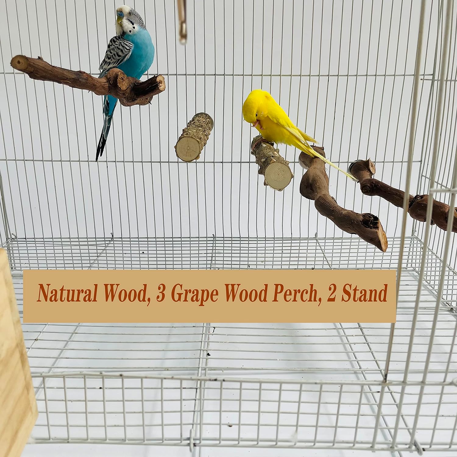 5PCS Bird Perch Stand Natural Wooden Parrot Stand Branch, 3 Grape Wood Perch, 2 Stand, Paw Grinding Fork Parakeet Chewing Stick Exercise Training Branches for Cockatiels, Small Birds