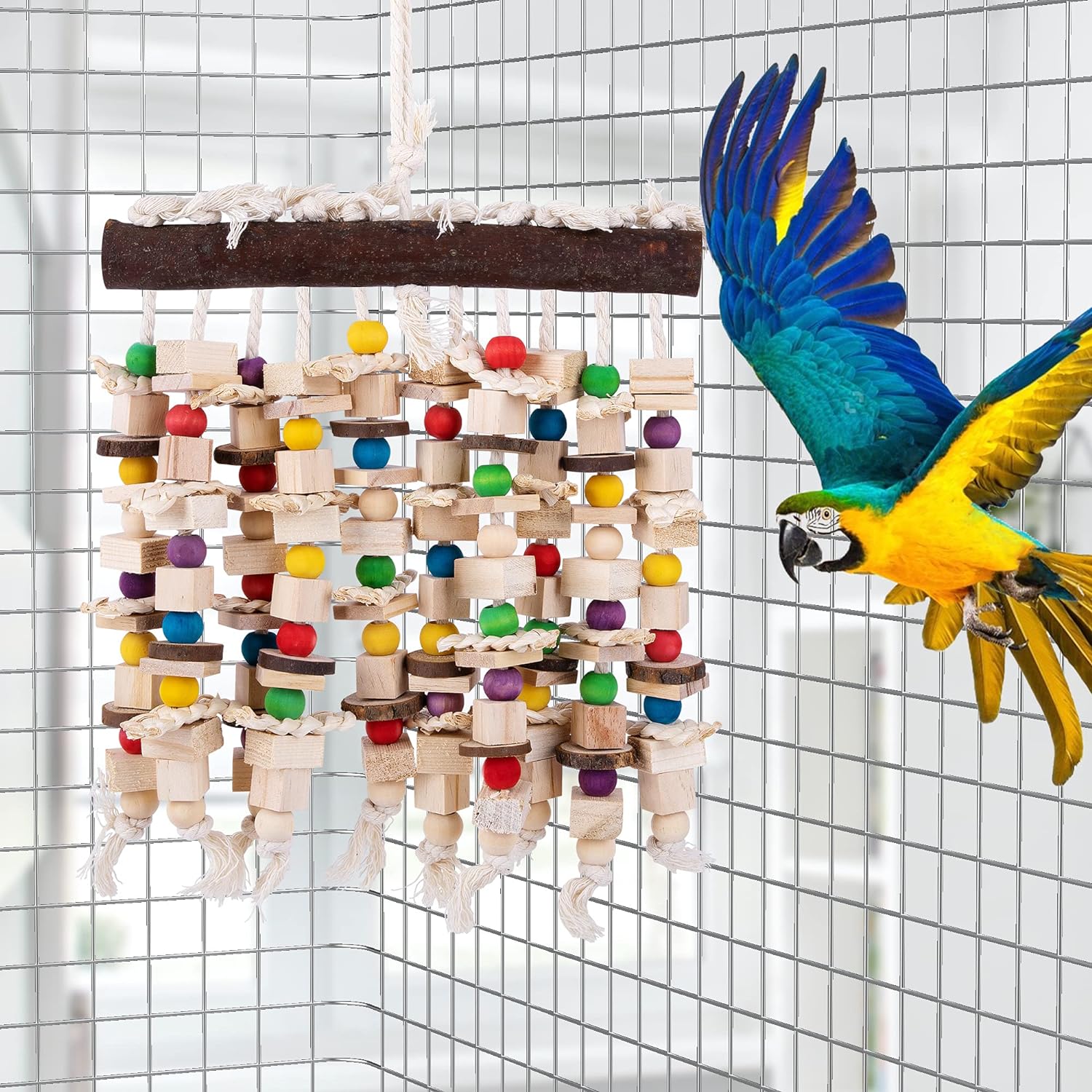 Deloky Juguete para masticar loros y pájaros grandes, bloques de madera natural multicolores, juguetes para desgarrar loros y pájaros, sugeridos para guacamayos grandes, cokatoos, gris africano y una variedad de loros amazónicos (15,7" x 9,8") 