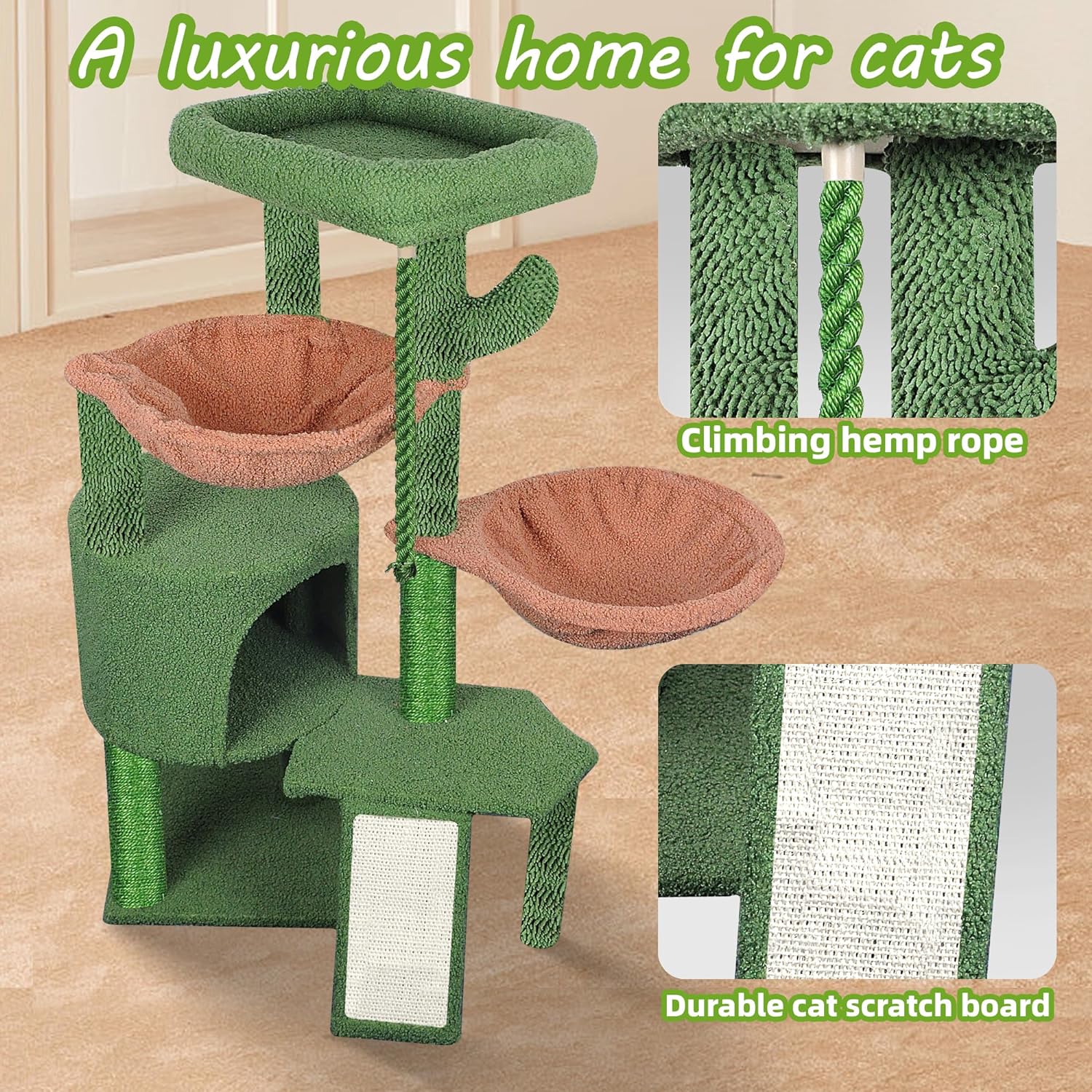 Xin Three Layer Cat Tree with Cat Condo and Two Hammocks,Grey