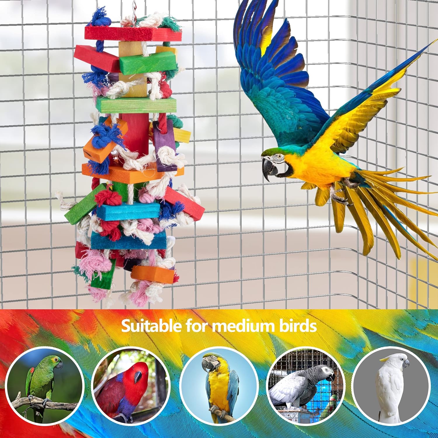 Juguete para desgarrar nudos de bloque de pájaros Deloky: juguete para masticar loros de madera natural multicolor de 19,7 pulgadas sugerido para guacamayos cokatoos, gris africano y una variedad de loros amazónicos. (Talla grande) 