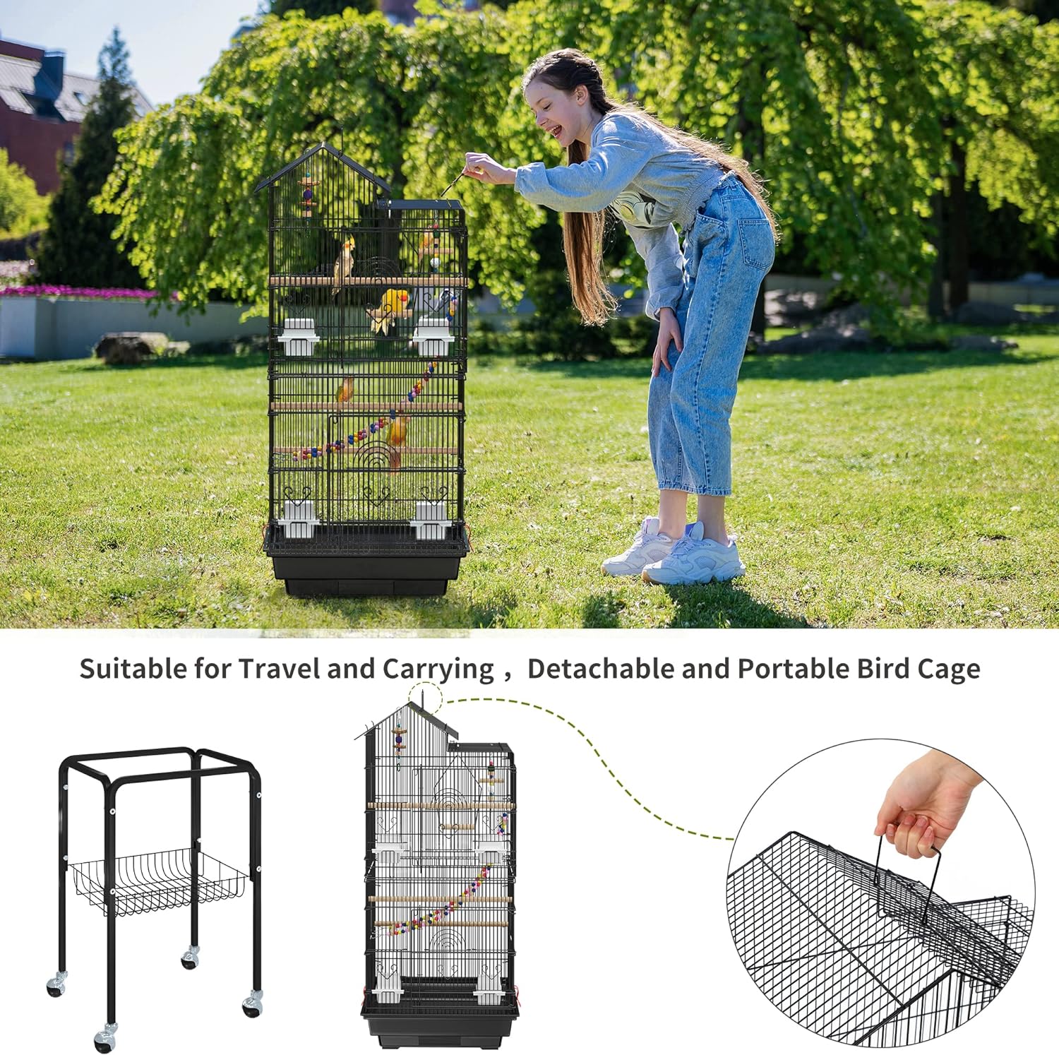 YITAHOME 62 inch Metal Bird Cage, Large Parakeet Cages for Parrot, Cockatiel, Lovebird, Pigeon with Roof Top, Rolling Stand and Hanging Toys